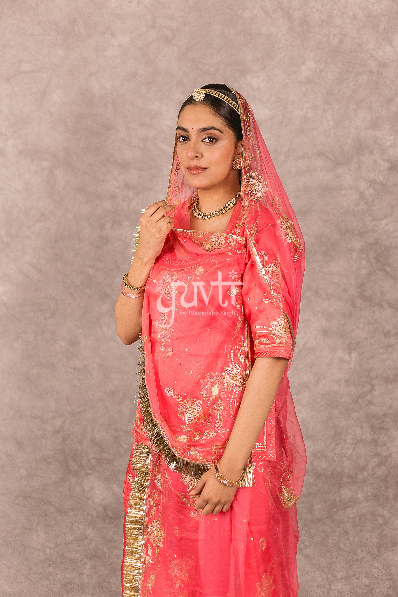 Gajri Pink Bamber Satin Aari Seqins Work Rajputi Poshak