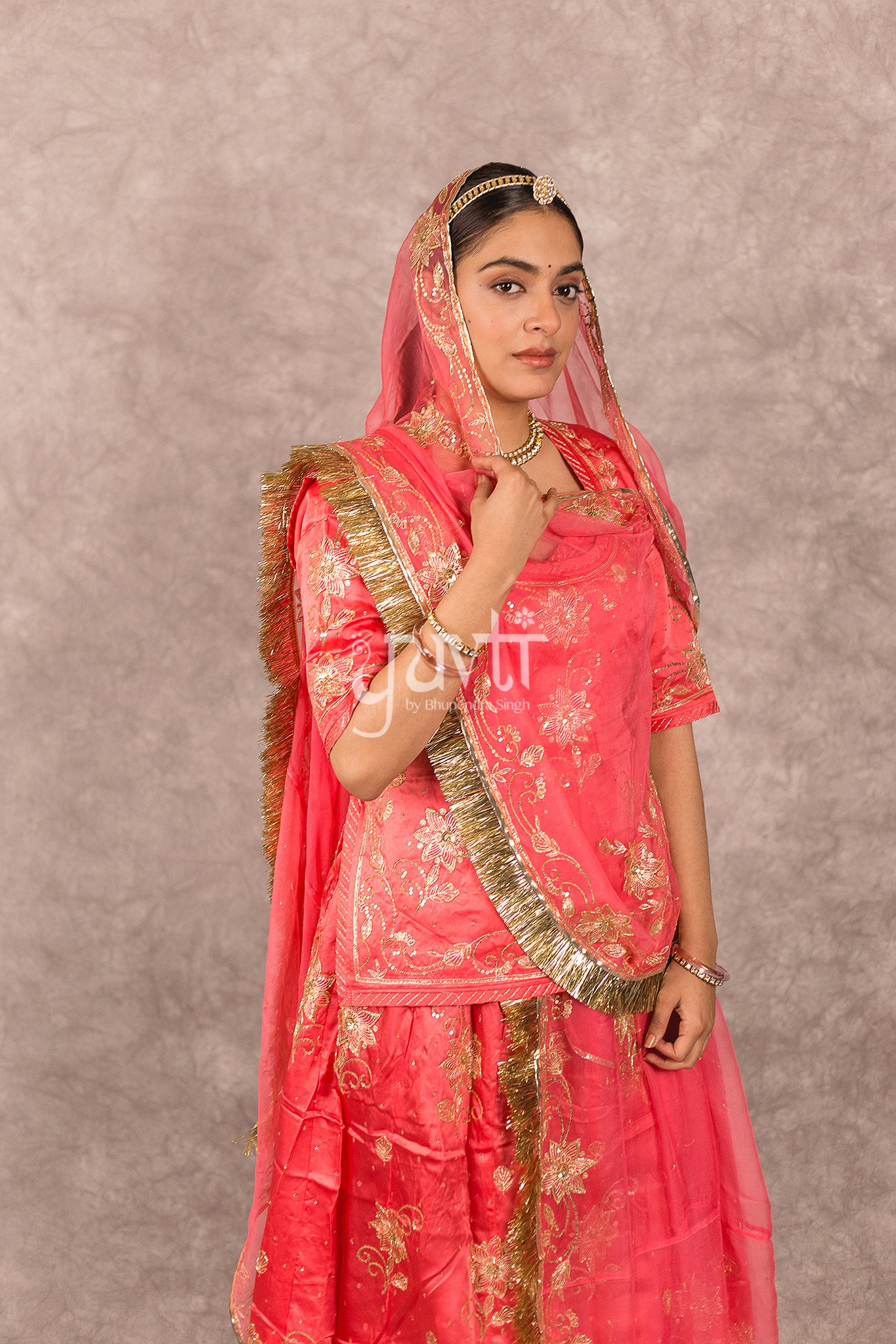 Gajri Pink Bamber Satin Aari Seqins Work Rajputi Poshak