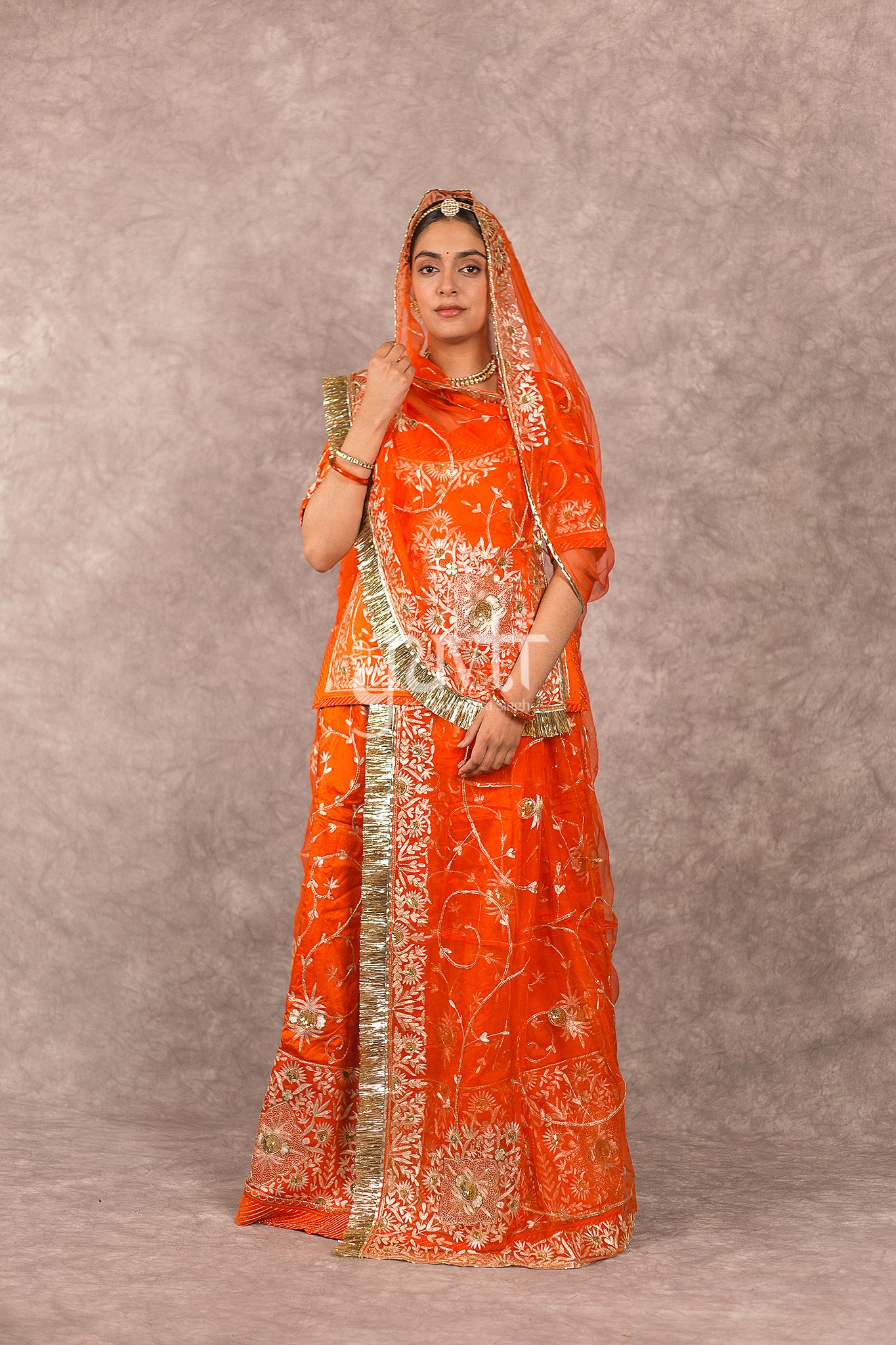 Orange bamber satin Aari Zardosi Handwork Rajputi Poshak  with Pure odhna