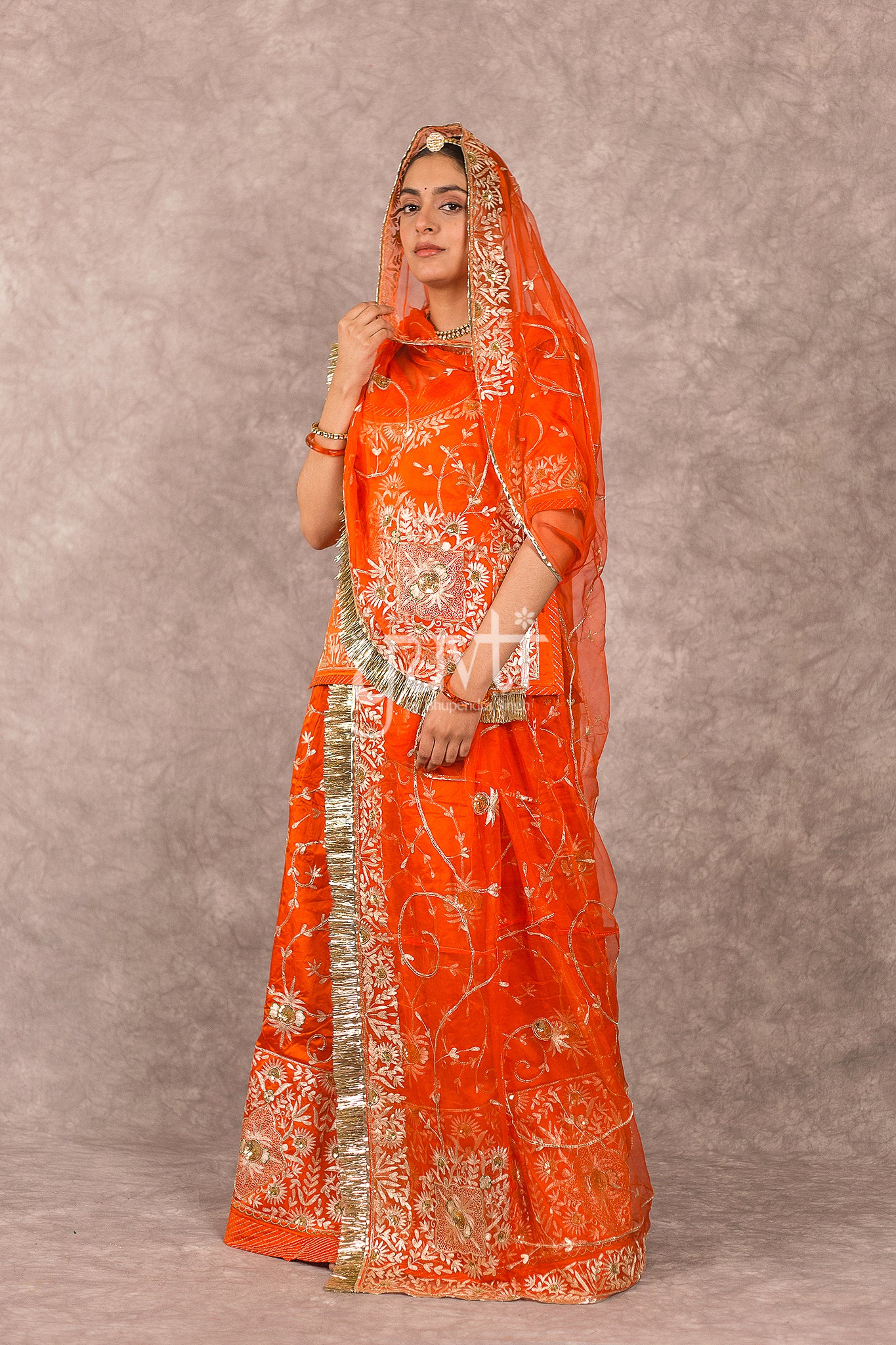 Orange bamber satin Aari Zardosi Handwork Rajputi Poshak  with Pure odhna
