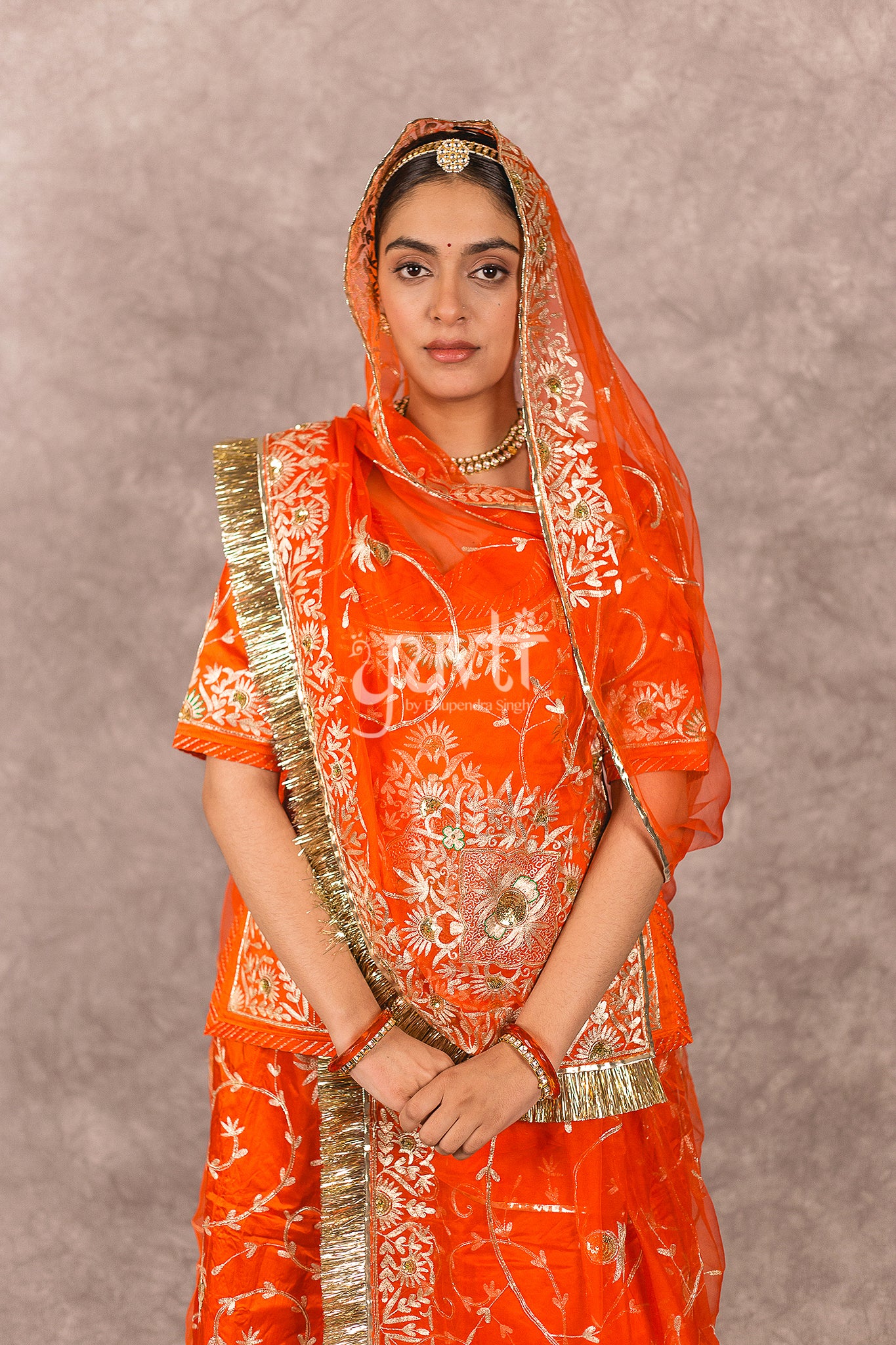 Orange bamber satin Aari Zardosi Handwork Rajputi Poshak  with Pure odhna