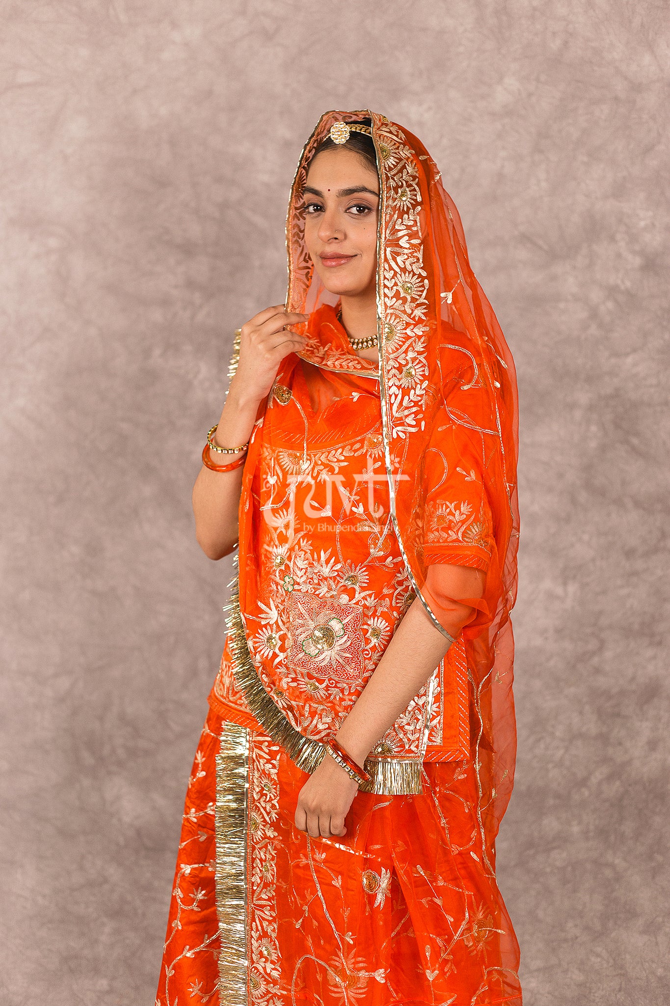 Orange bamber satin Aari Zardosi Handwork Rajputi Poshak  with Pure odhna