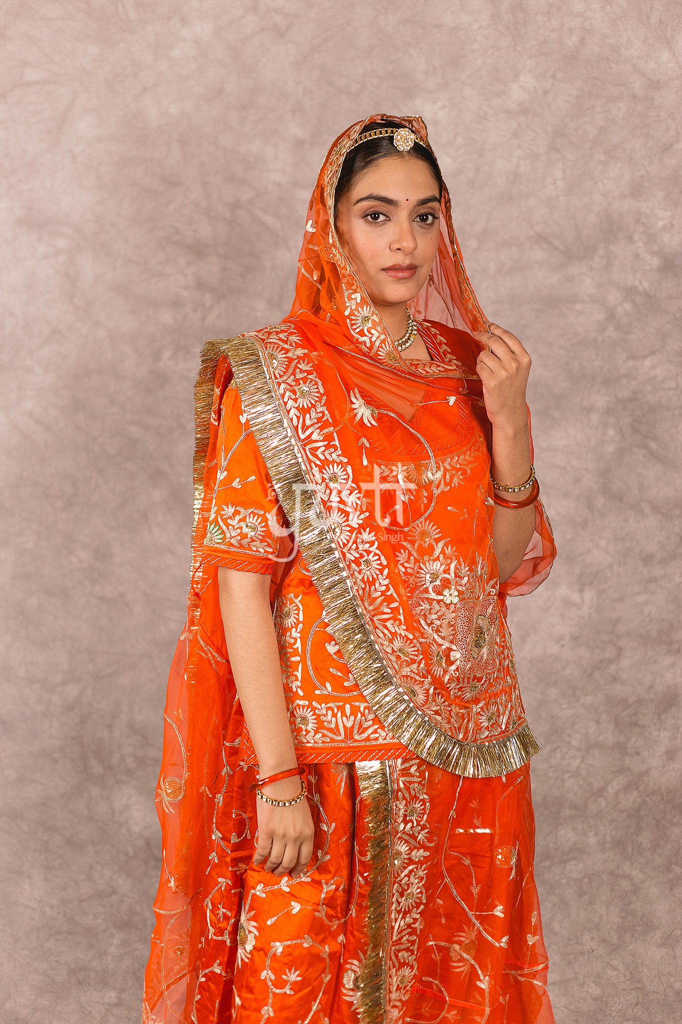 Orange bamber satin Aari Zardosi Handwork Rajputi Poshak  with Pure odhna