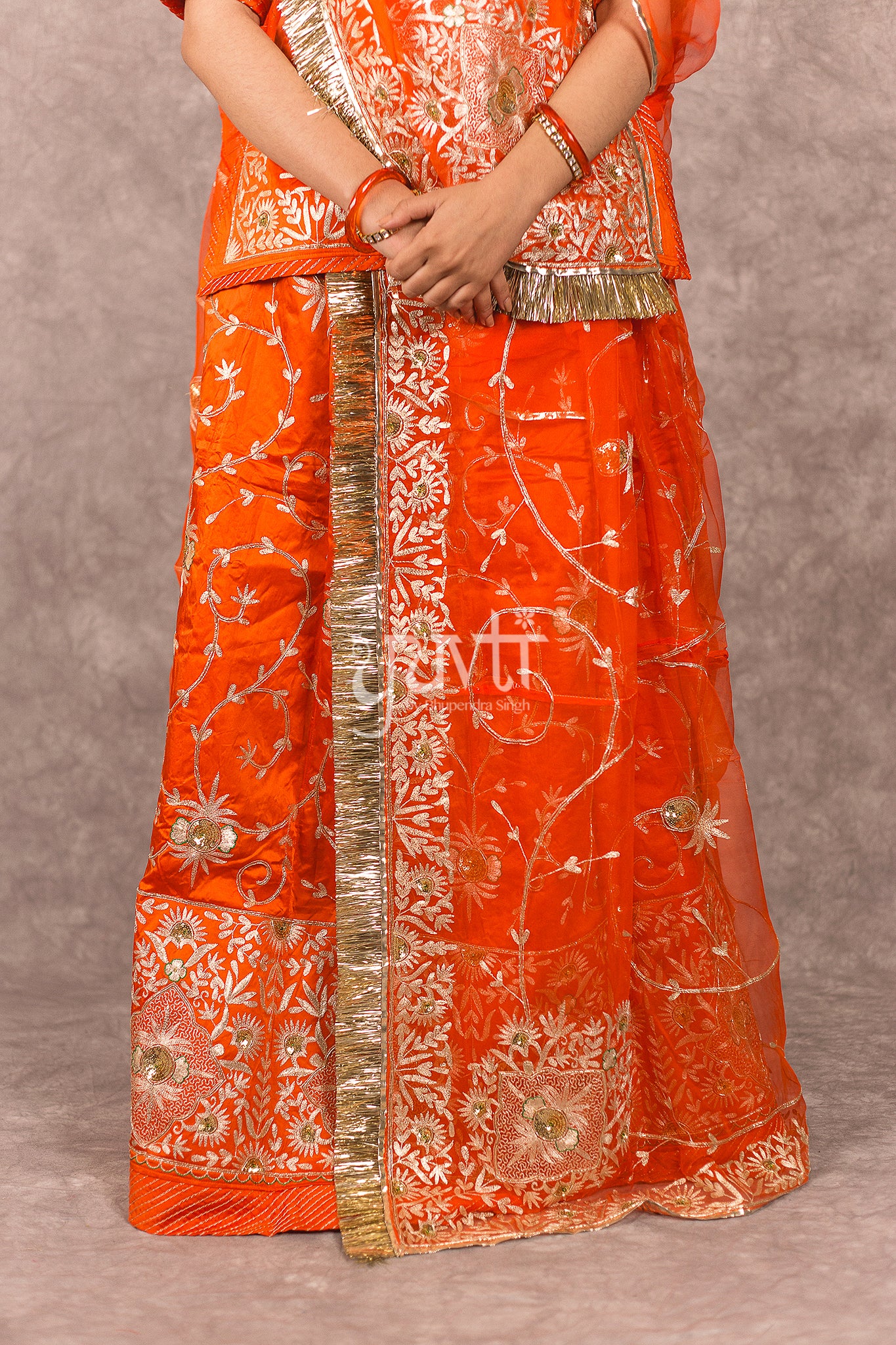 Orange bamber satin Aari Zardosi Handwork Rajputi Poshak  with Pure odhna