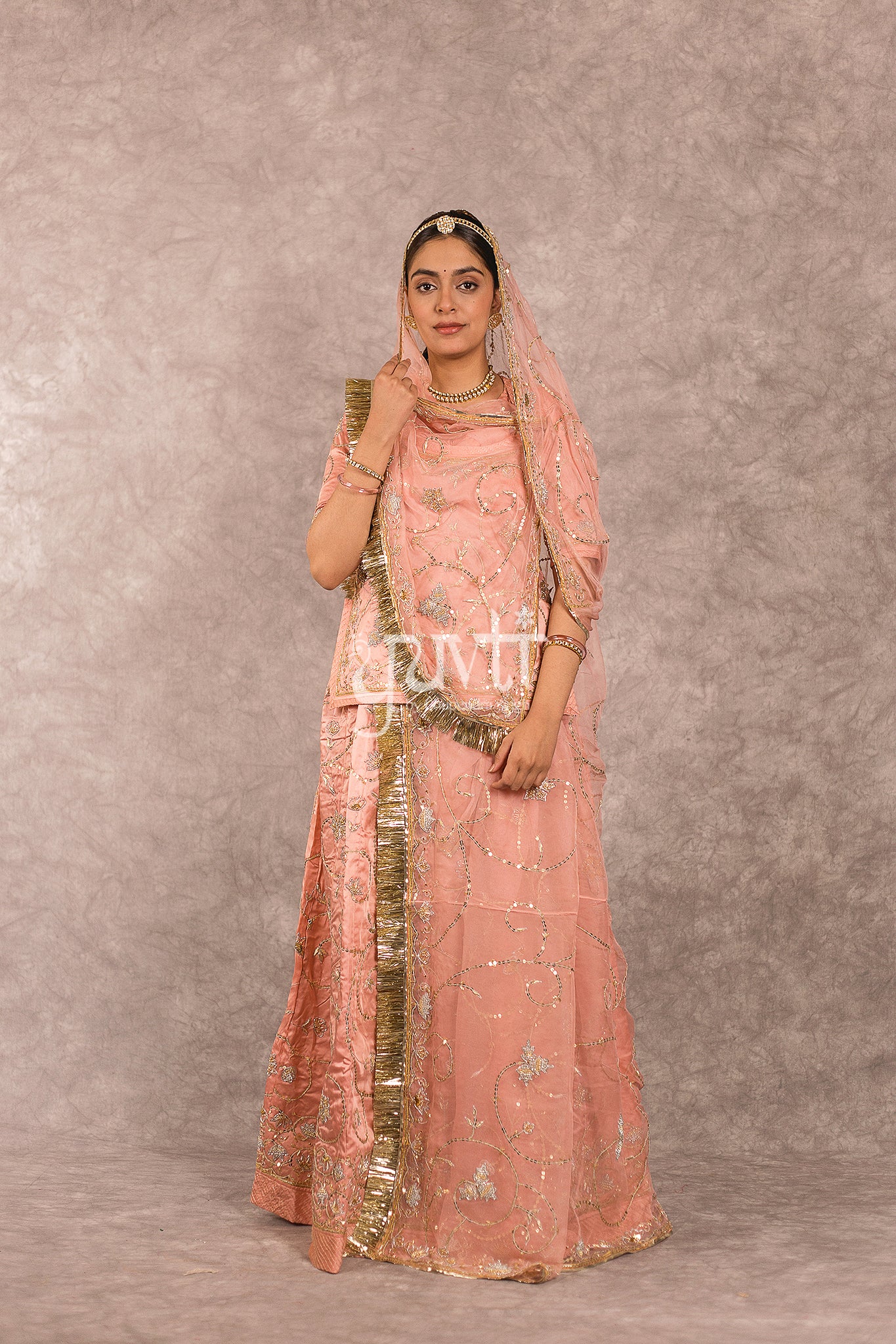 Peach Bamber Satin Zardosi Salma Jaal Work Rajputi Poshak