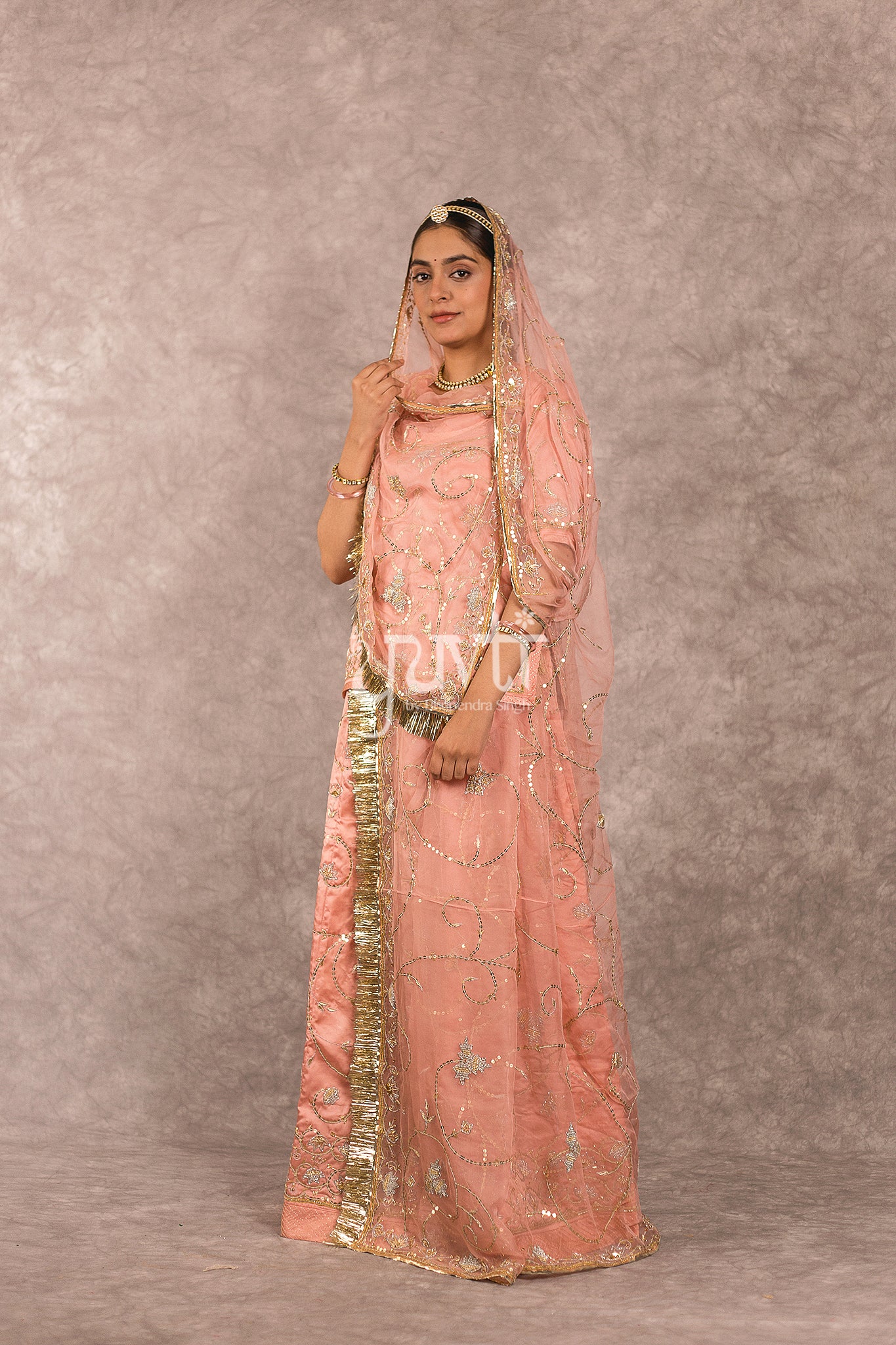 Peach Bamber Satin Zardosi Salma Jaal Work Rajputi Poshak