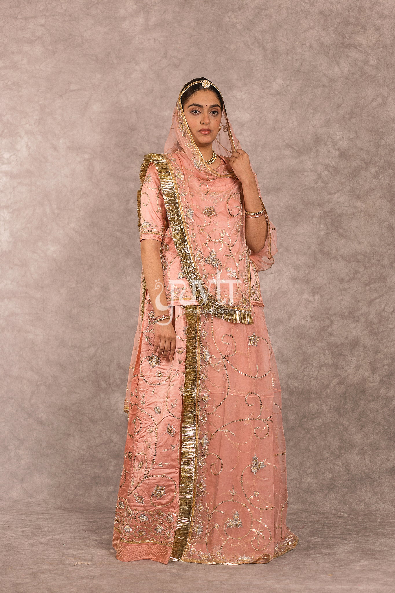 Peach Bamber Satin Zardosi Salma Jaal Work Rajputi Poshak