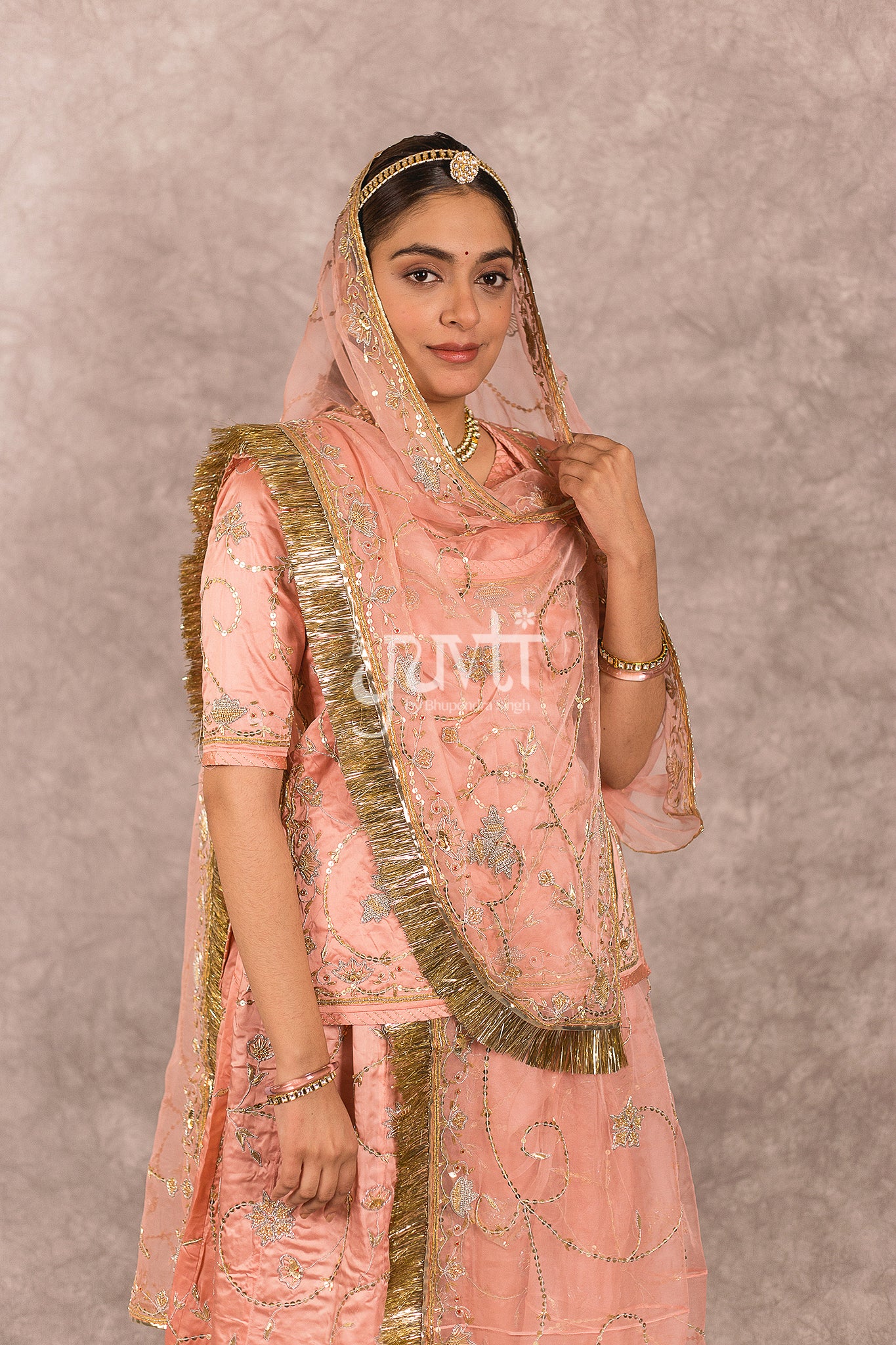 Peach Bamber Satin Zardosi Salma Jaal Work Rajputi Poshak