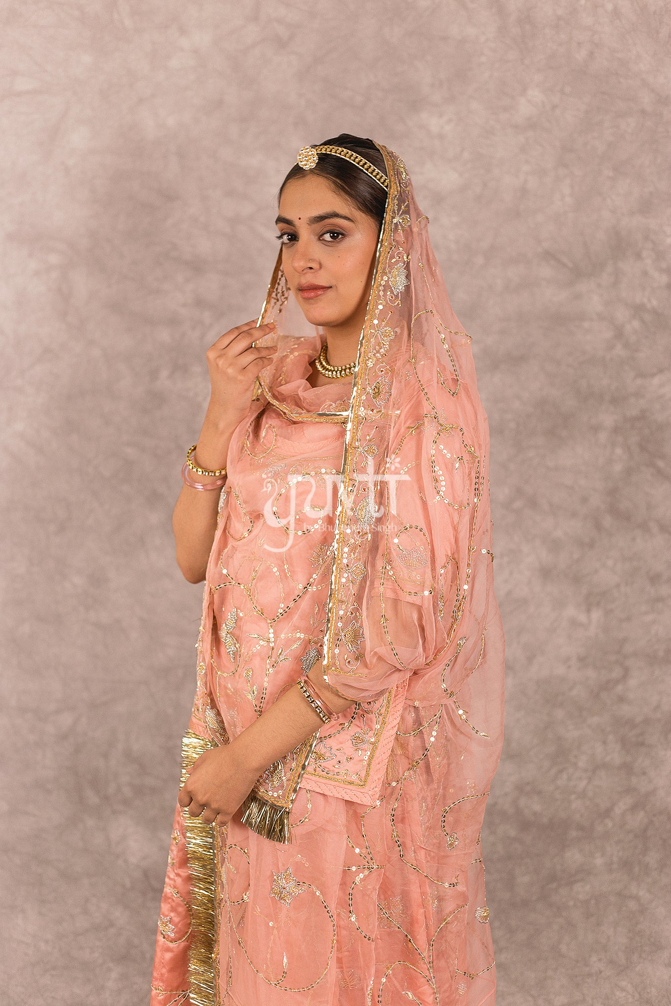 Peach Bamber Satin Zardosi Salma Jaal Work Rajputi Poshak
