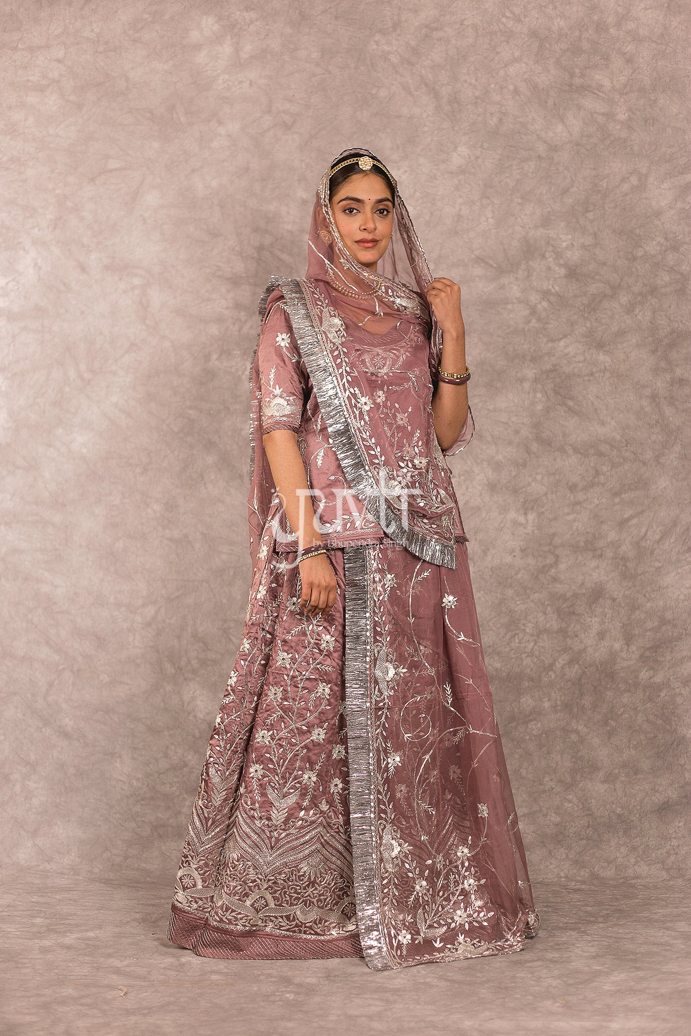 Brown Bamber Satin Aari Salma Jaal work Rajputi Poshak