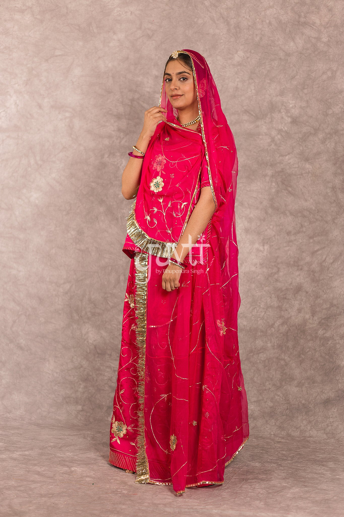Rani Pink Bamber Satin Aari Sequins handwork Rajputi Poshak
