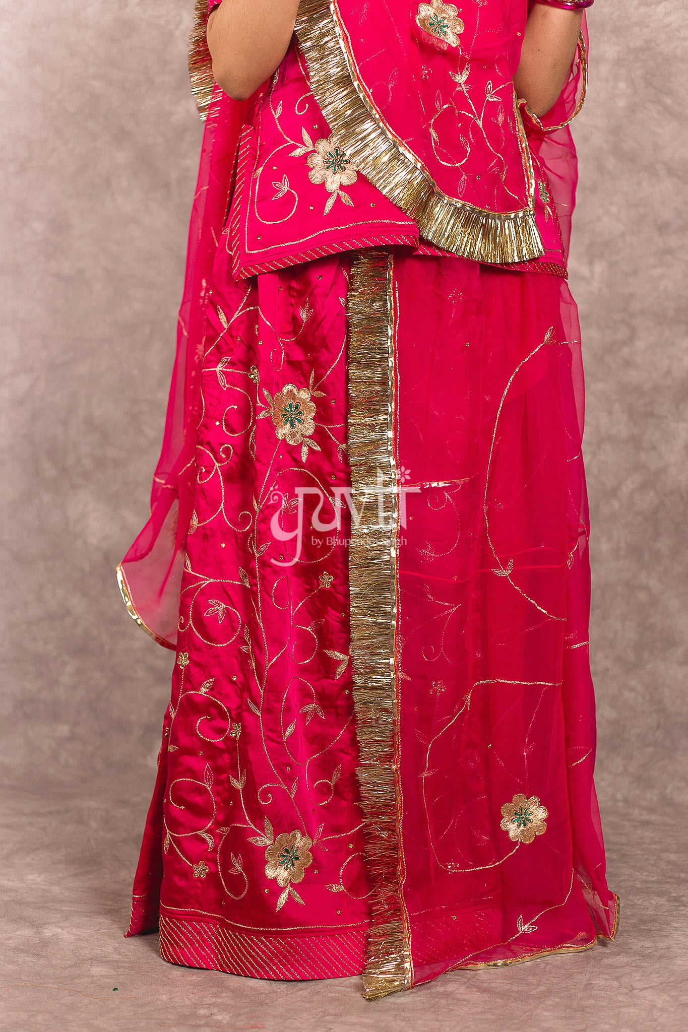 Rani Pink Bamber Satin Aari Sequins handwork Rajputi Poshak