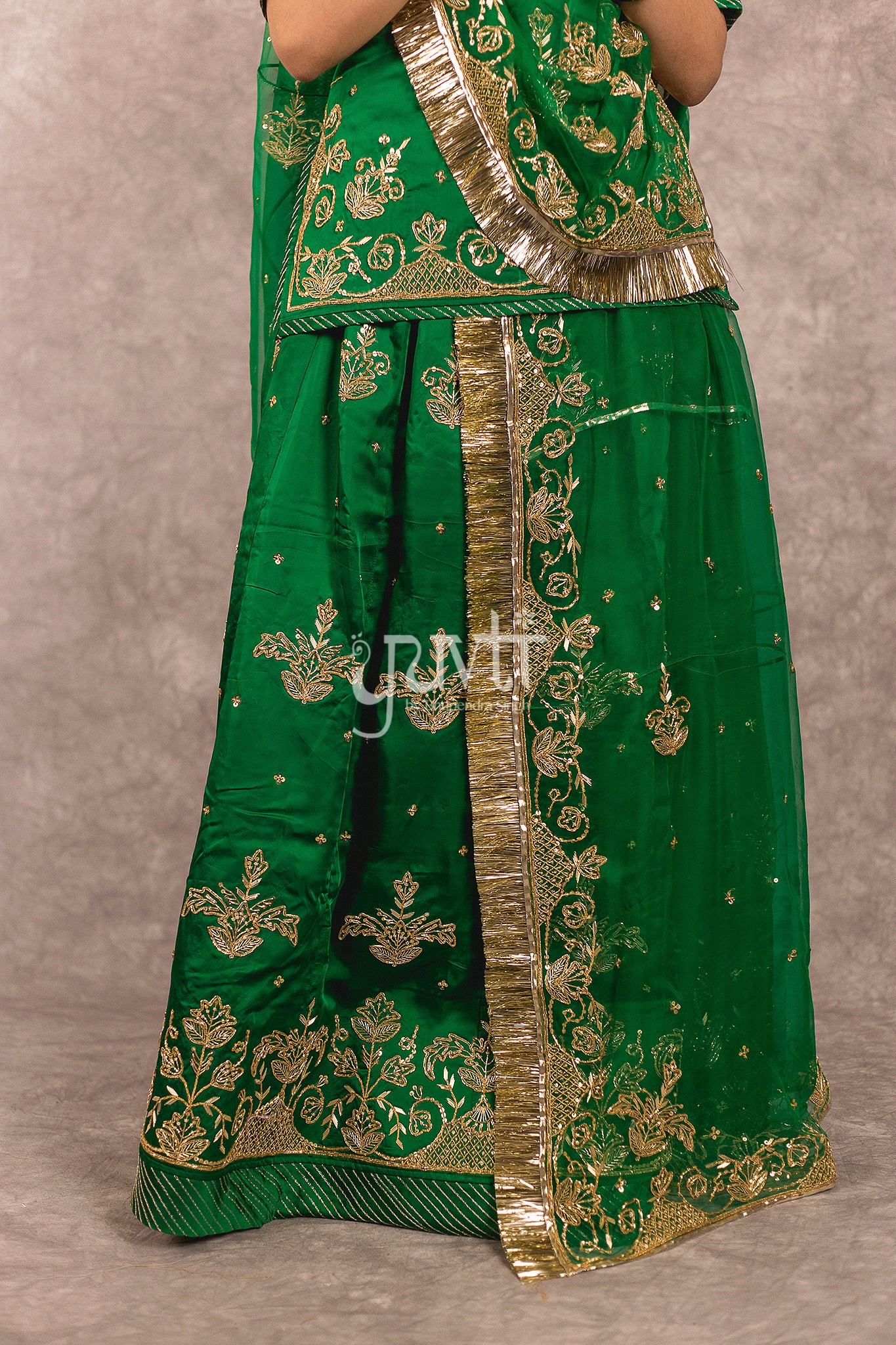 Green Bamber Satin Salma Dabka Work Rajputi Poshak