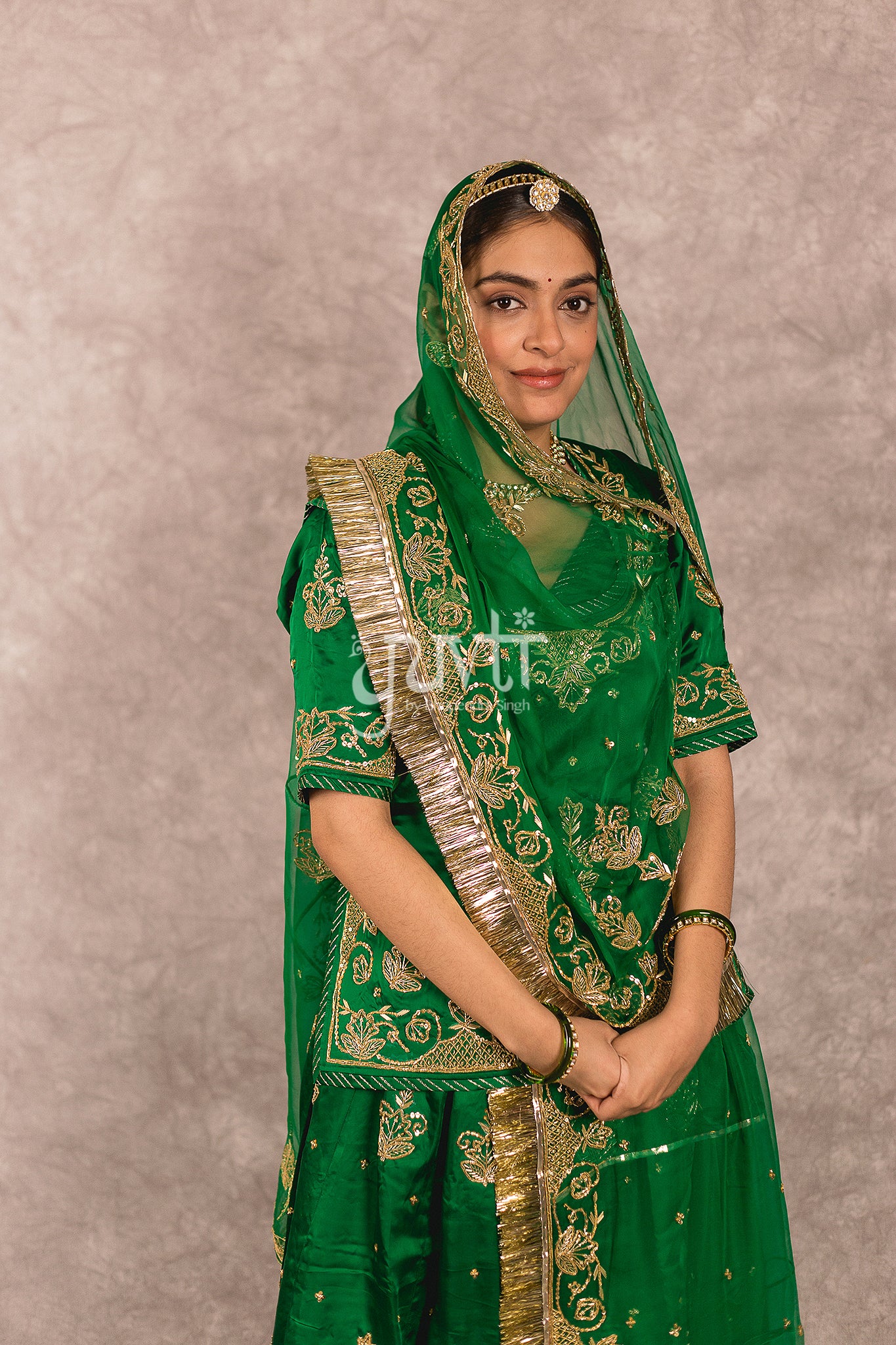 Green Bamber Satin Salma Dabka Work Rajputi Poshak