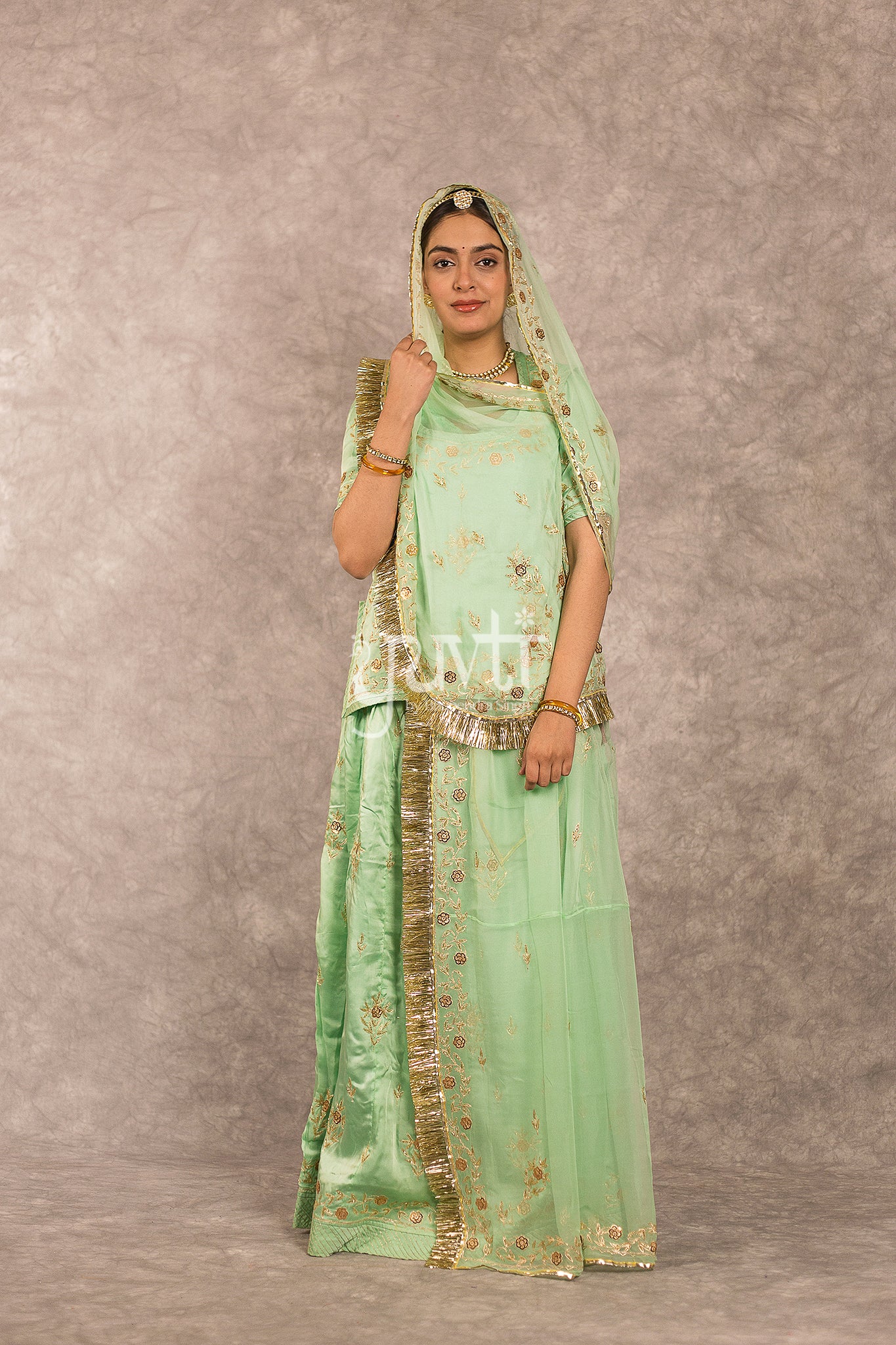 Green Bamber Satin Zari Sequins Work Rajputi Poshak