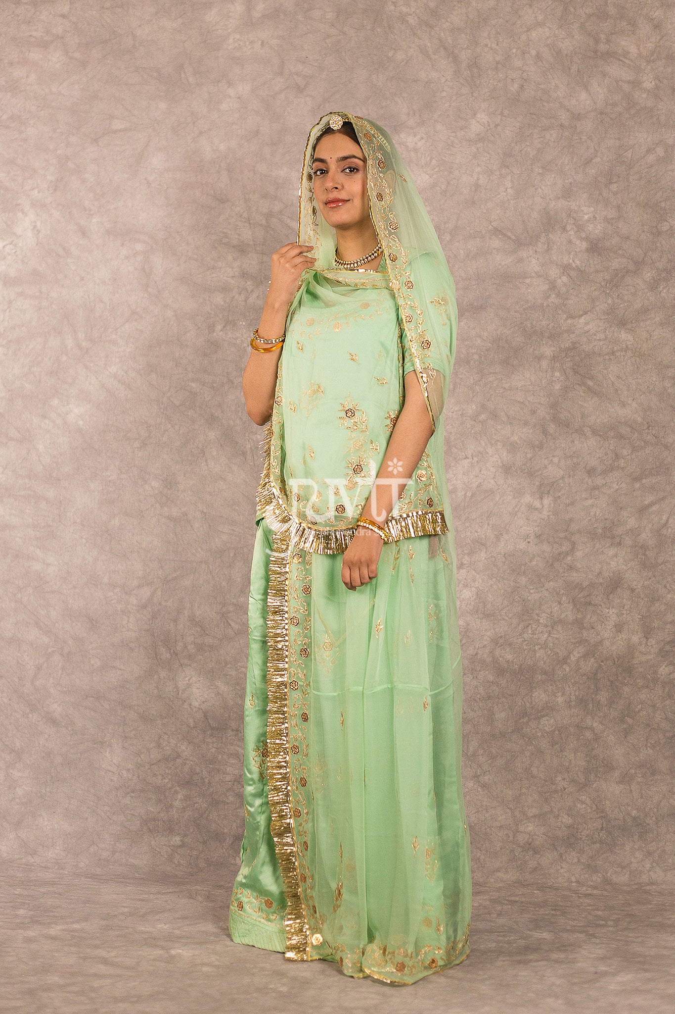 Green Bamber Satin Zari Sequins Work Rajputi Poshak