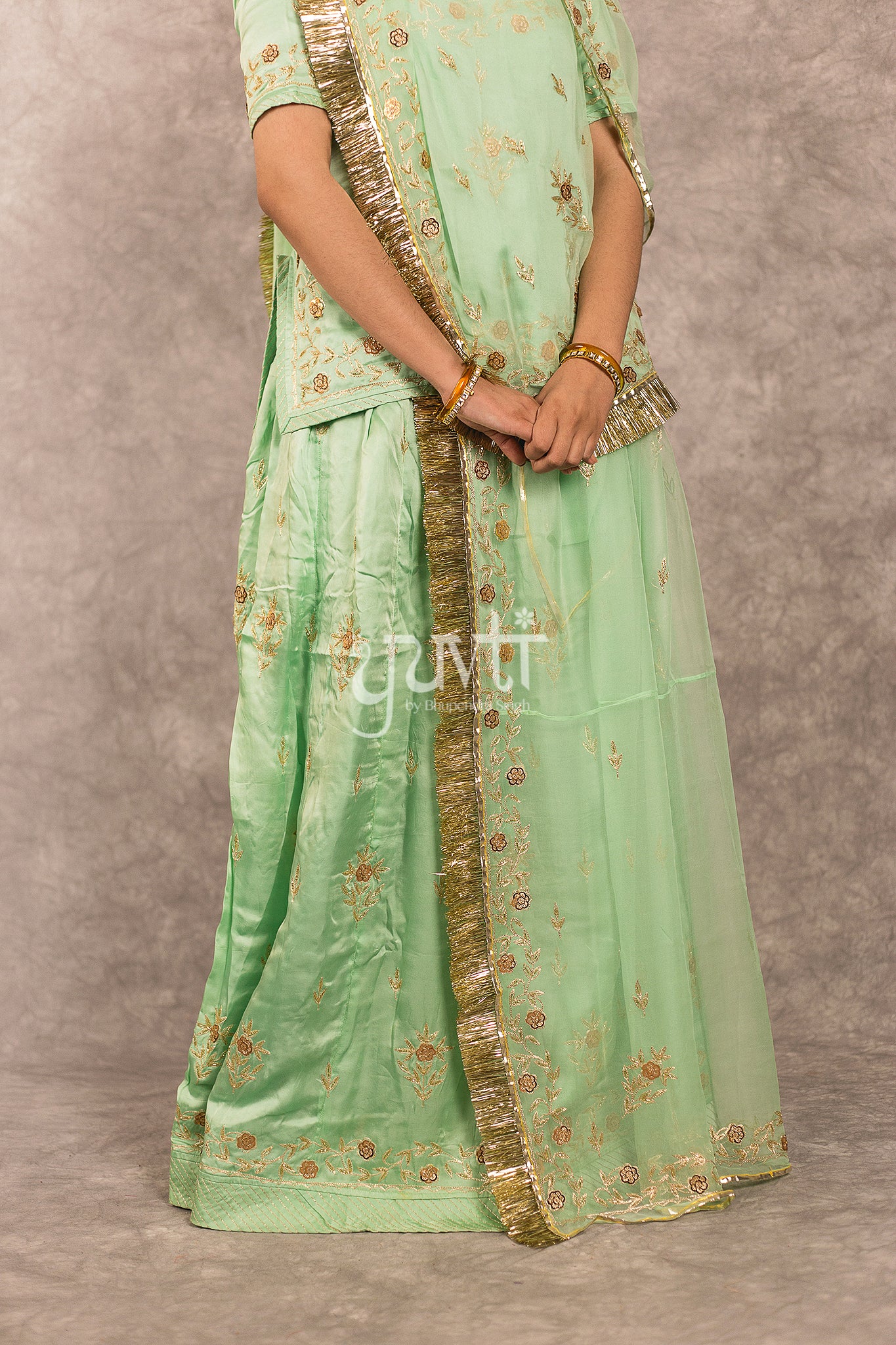 Green Bamber Satin Zari Sequins Work Rajputi Poshak