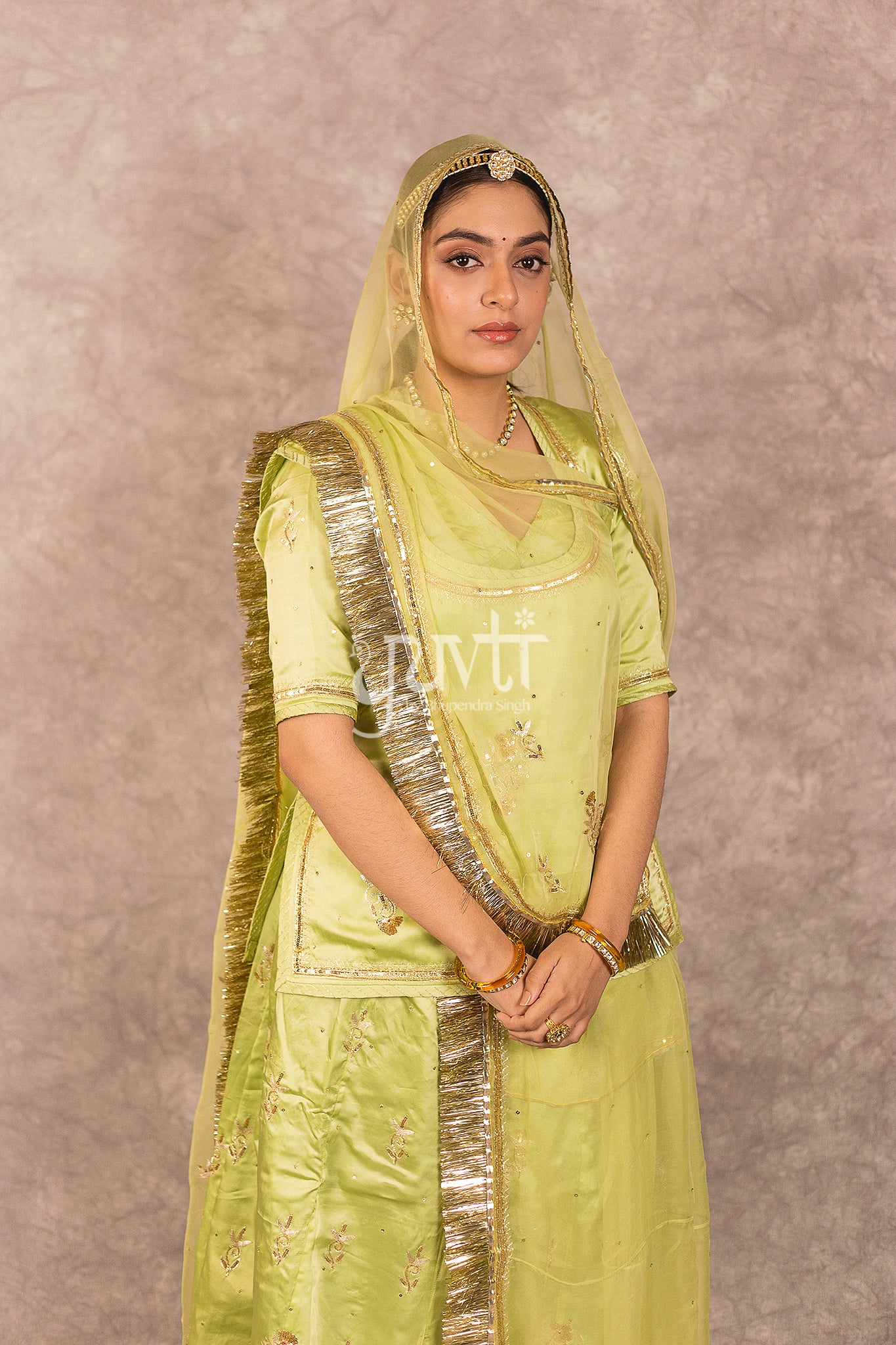 Green Bamber Satin Aari Sequins Work Rajputi Poshak