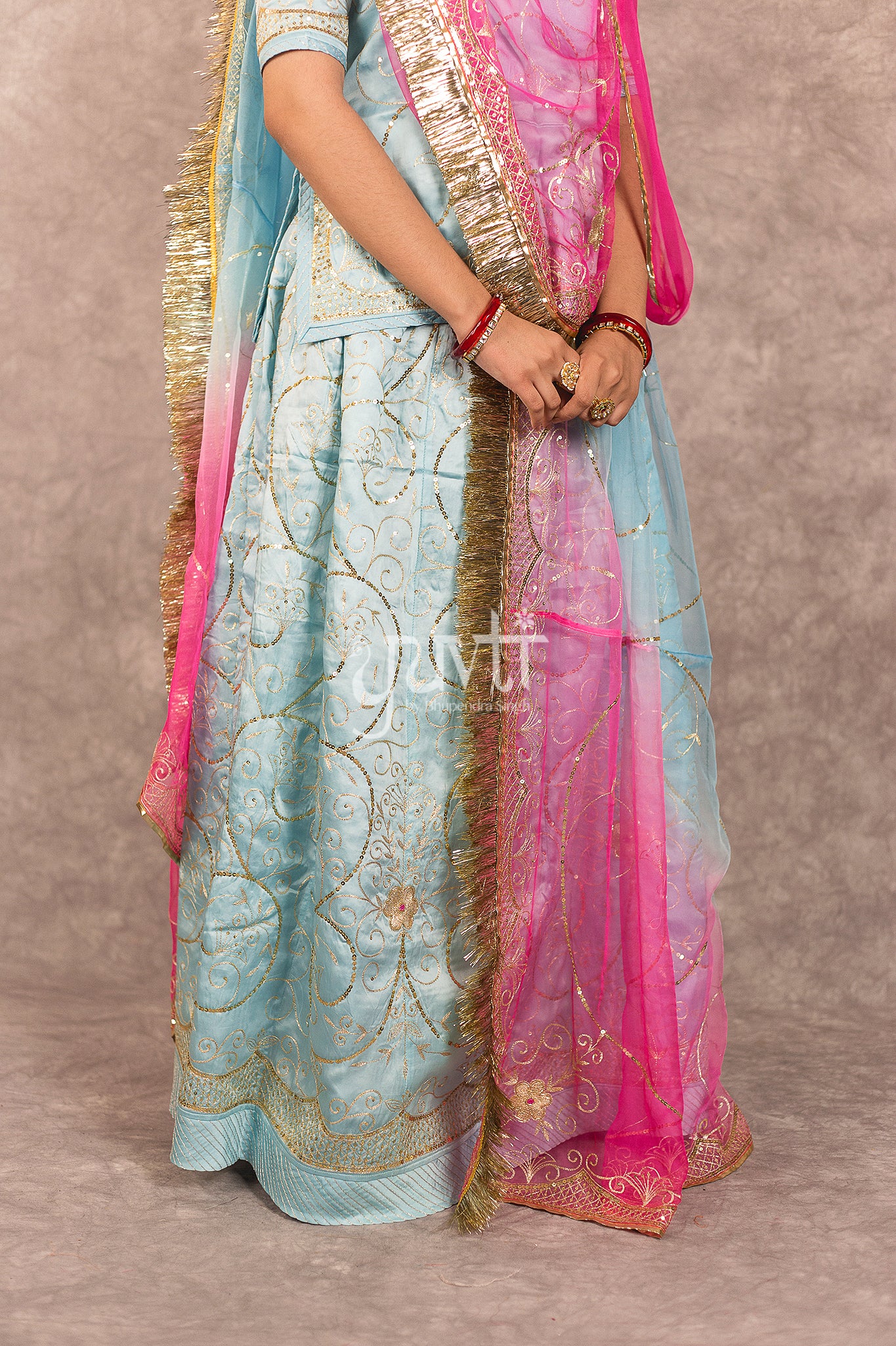 Sky Blue Bamber Satin Aari Sequins Jaal Work Rajputi Poshk with Multi Shaded Odhana