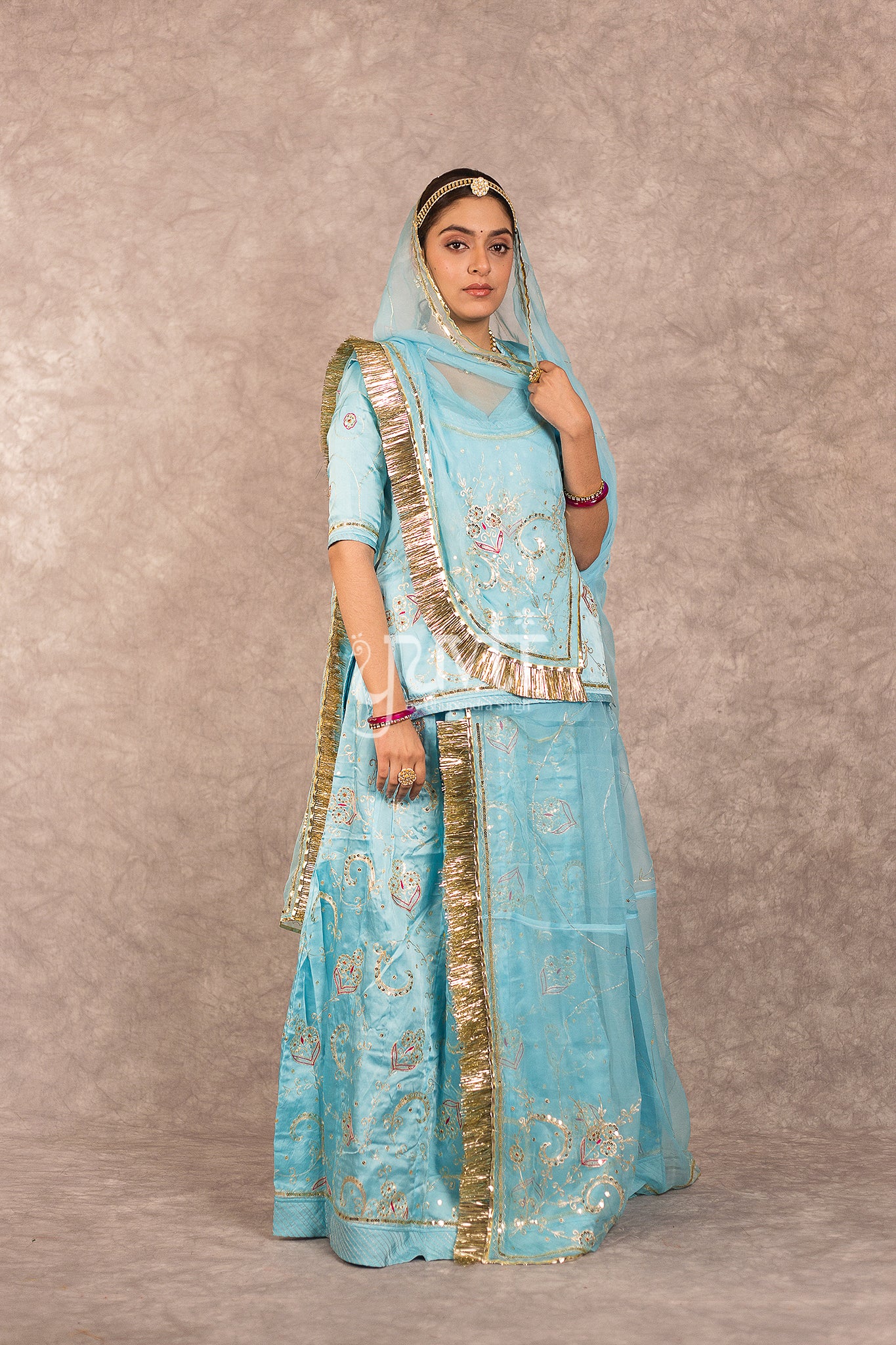 Sky Blue Bamber Satin Aari Sequins work Rajputi Poshak