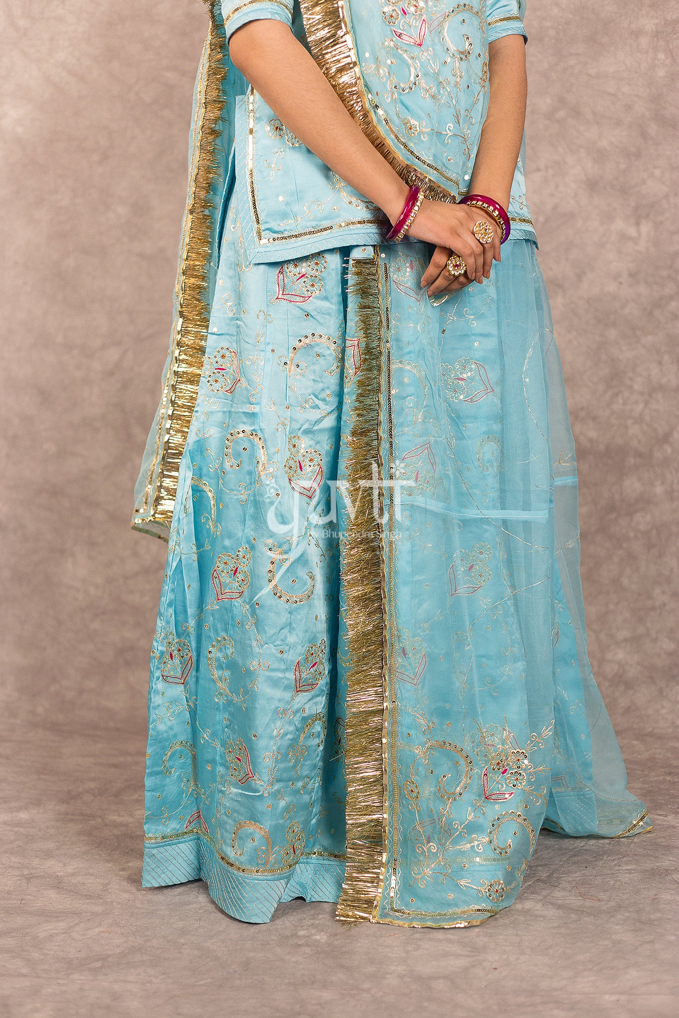 Sky Blue Bamber Satin Aari Sequins work Rajputi Poshak