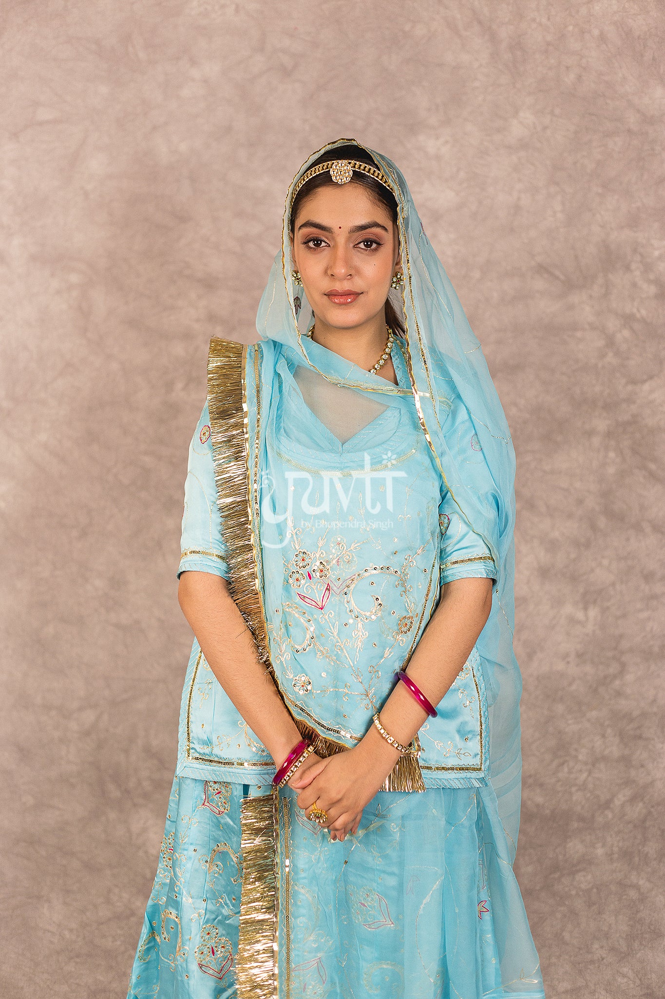 Sky Blue Bamber Satin Aari Sequins work Rajputi Poshak