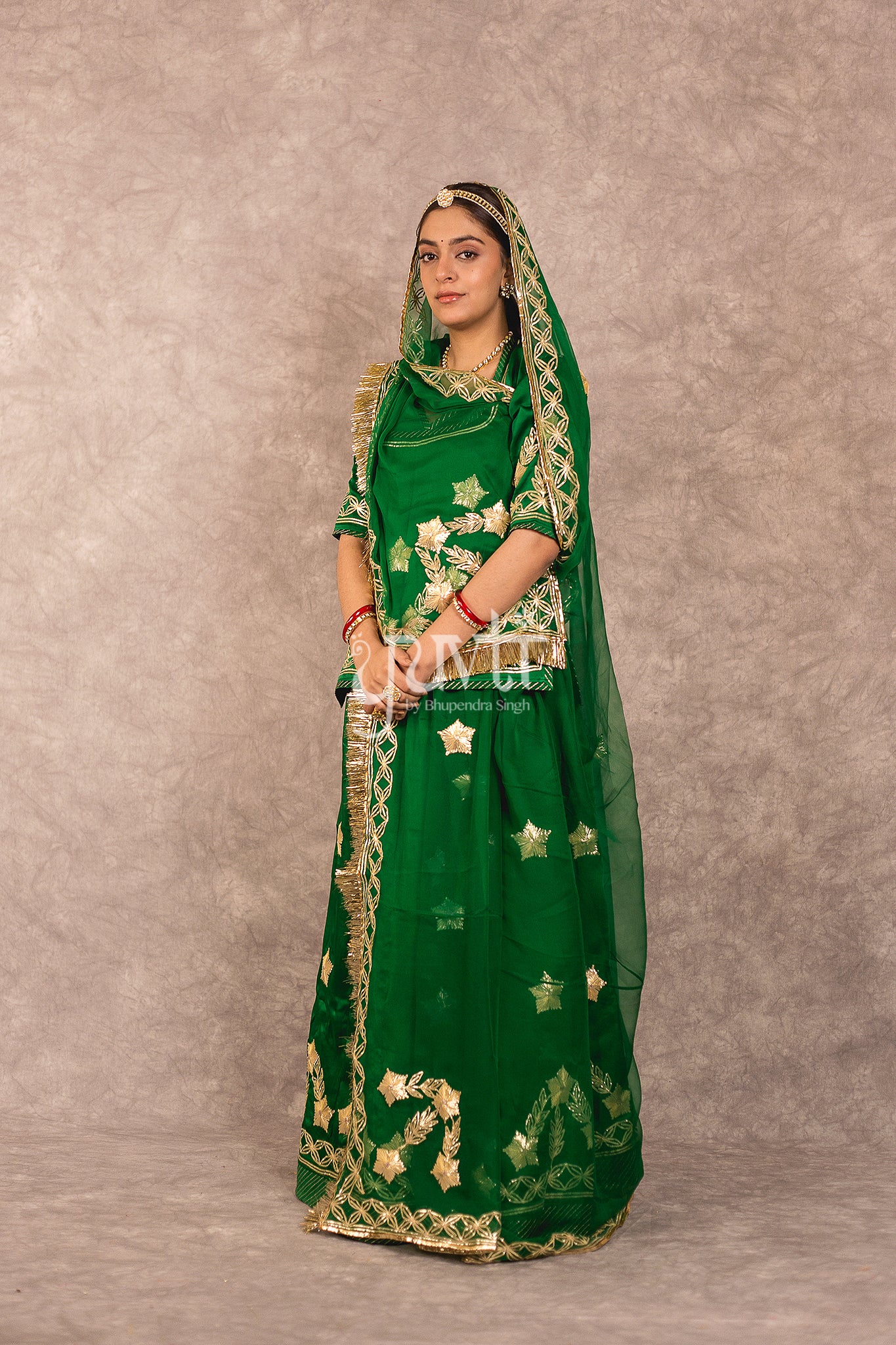 Green Bamber Satin Sikhiya Gota Work Rajputi Poshak