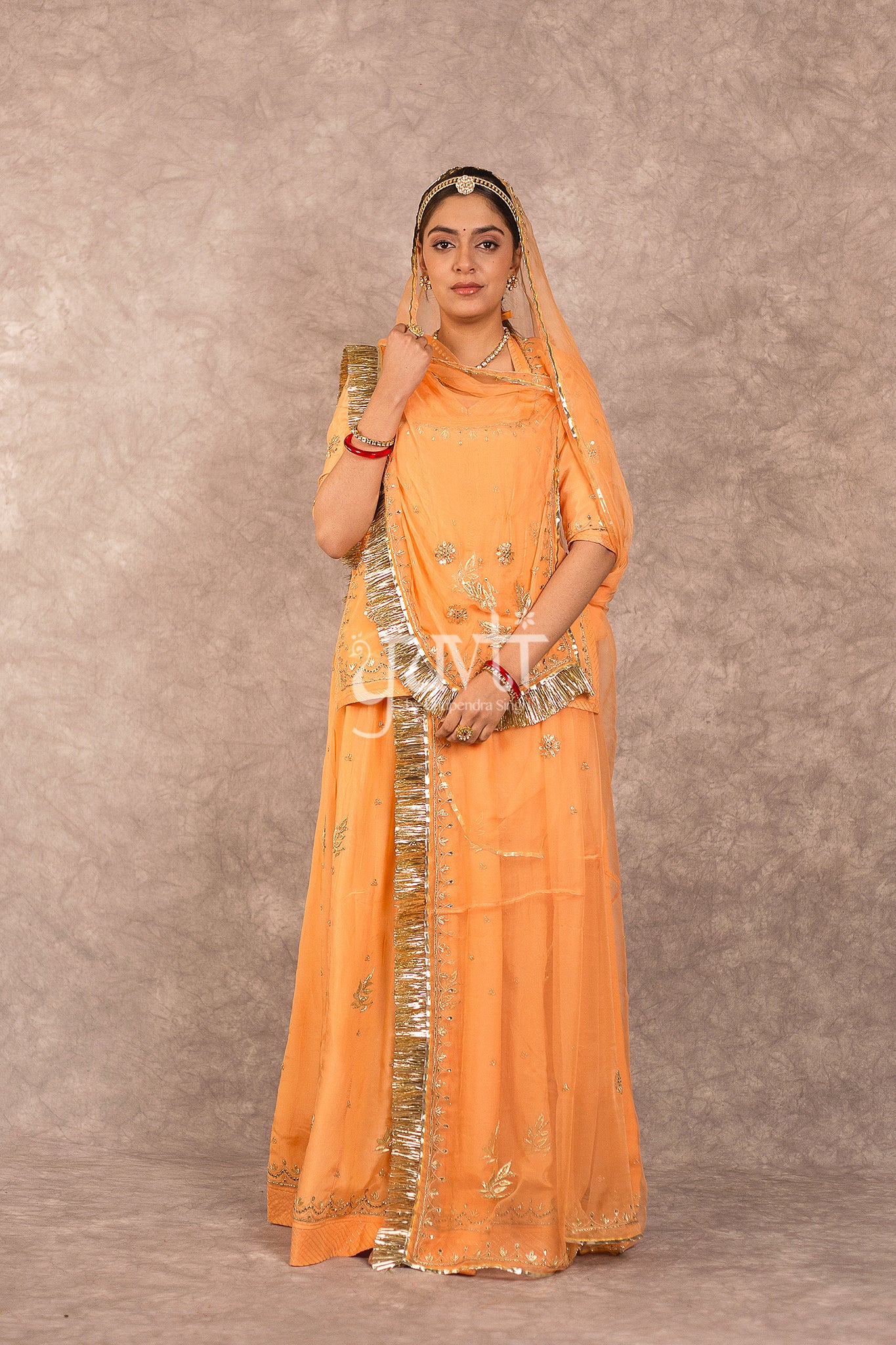 Dark Peach Crepe Kundan Work Rajputi Poshak