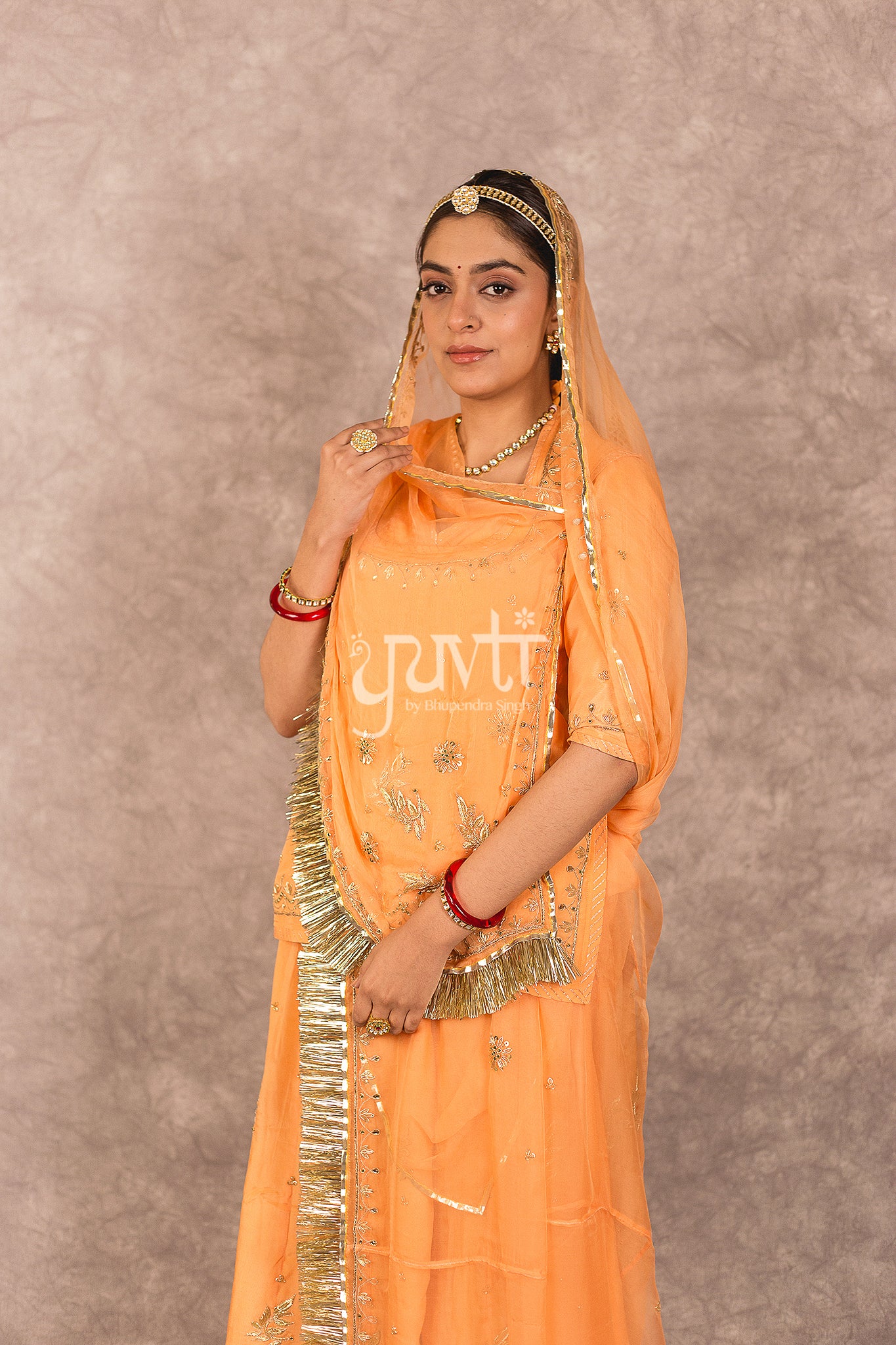 Dark Peach Crepe Kundan Work Rajputi Poshak