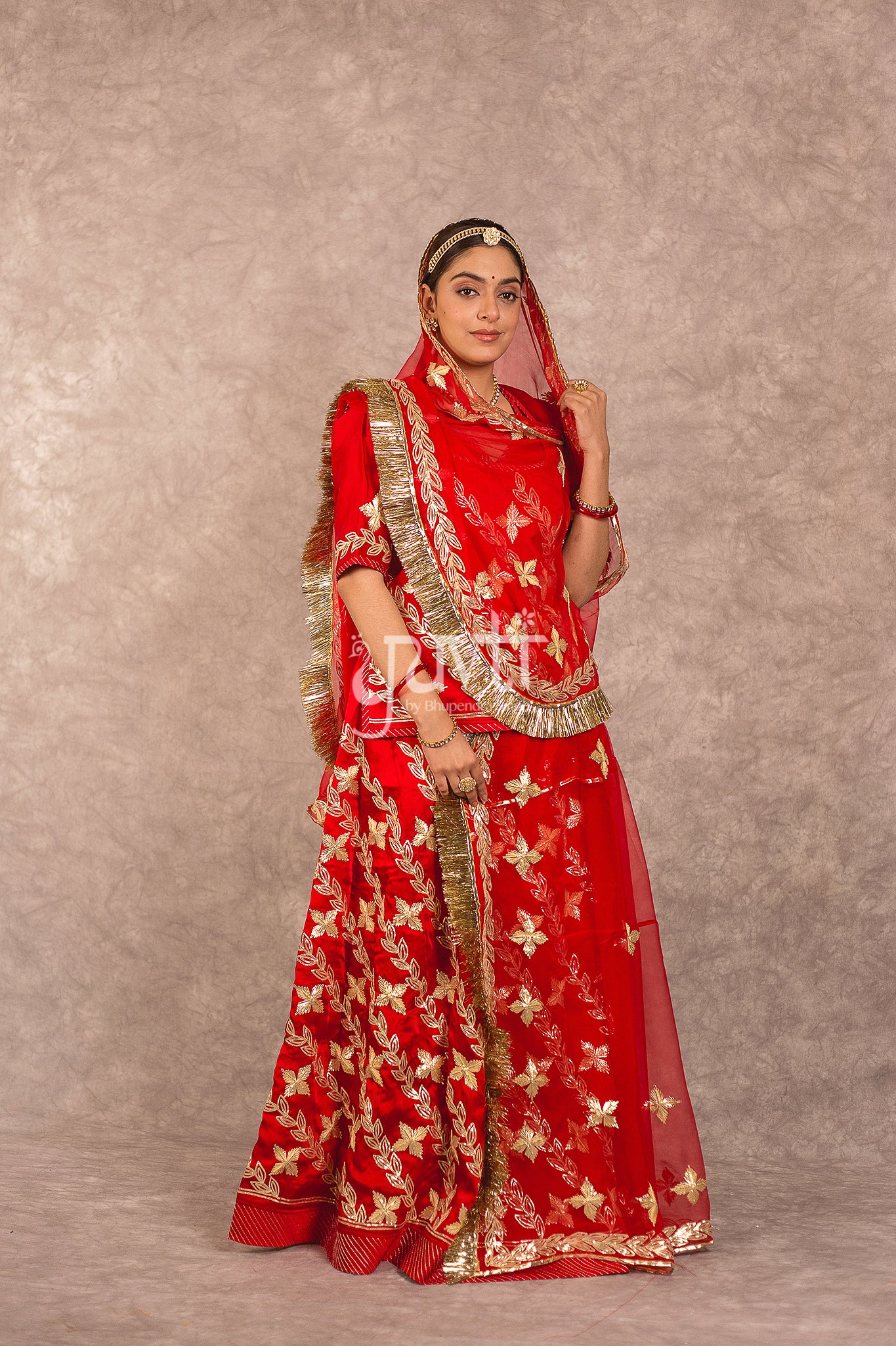 Red Bamber Satin Sikhiya Gota Work Rajputi Poshak