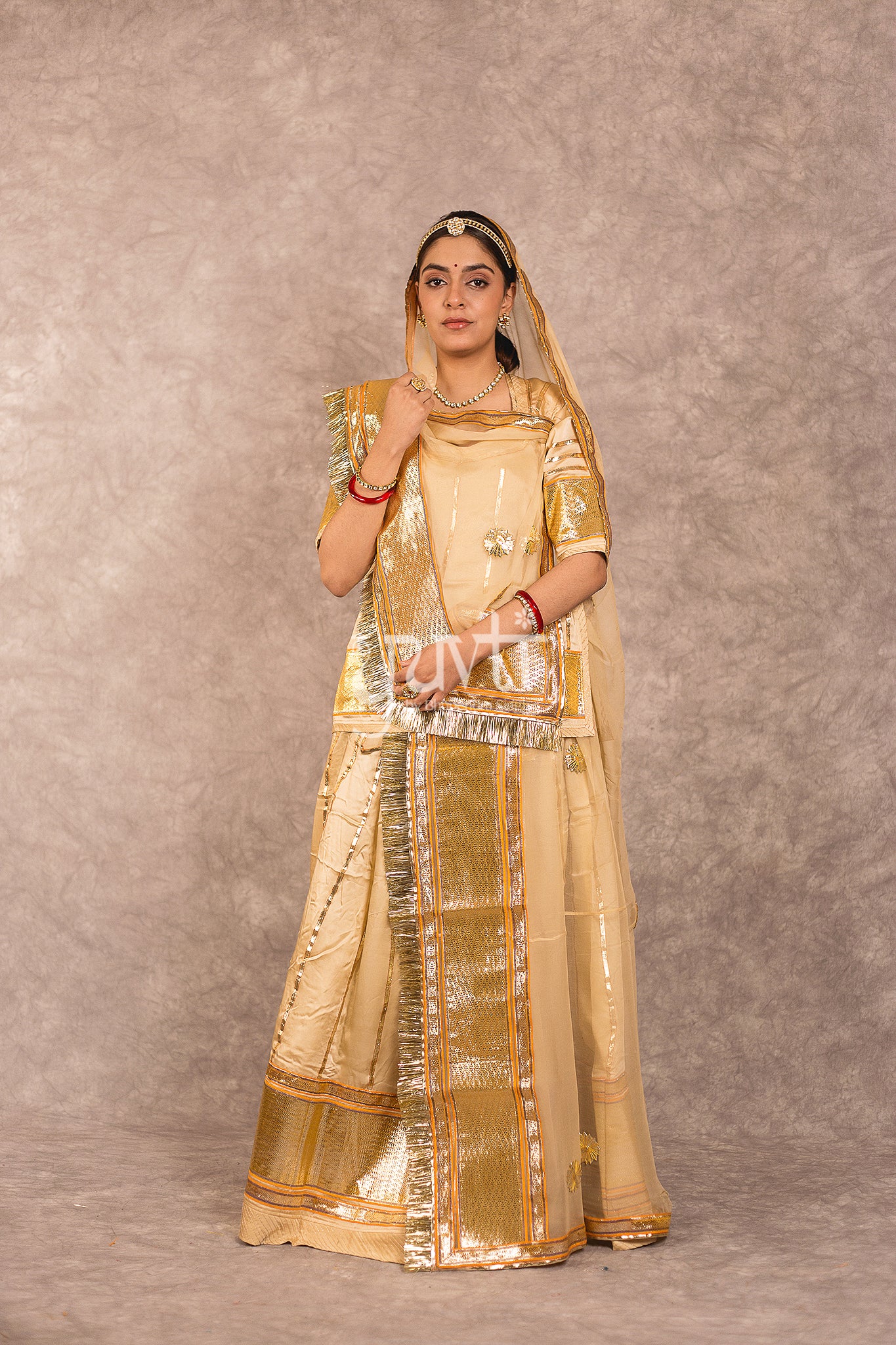 Beige Bamber Satin Laffa Gota Work Rajputi Poshak