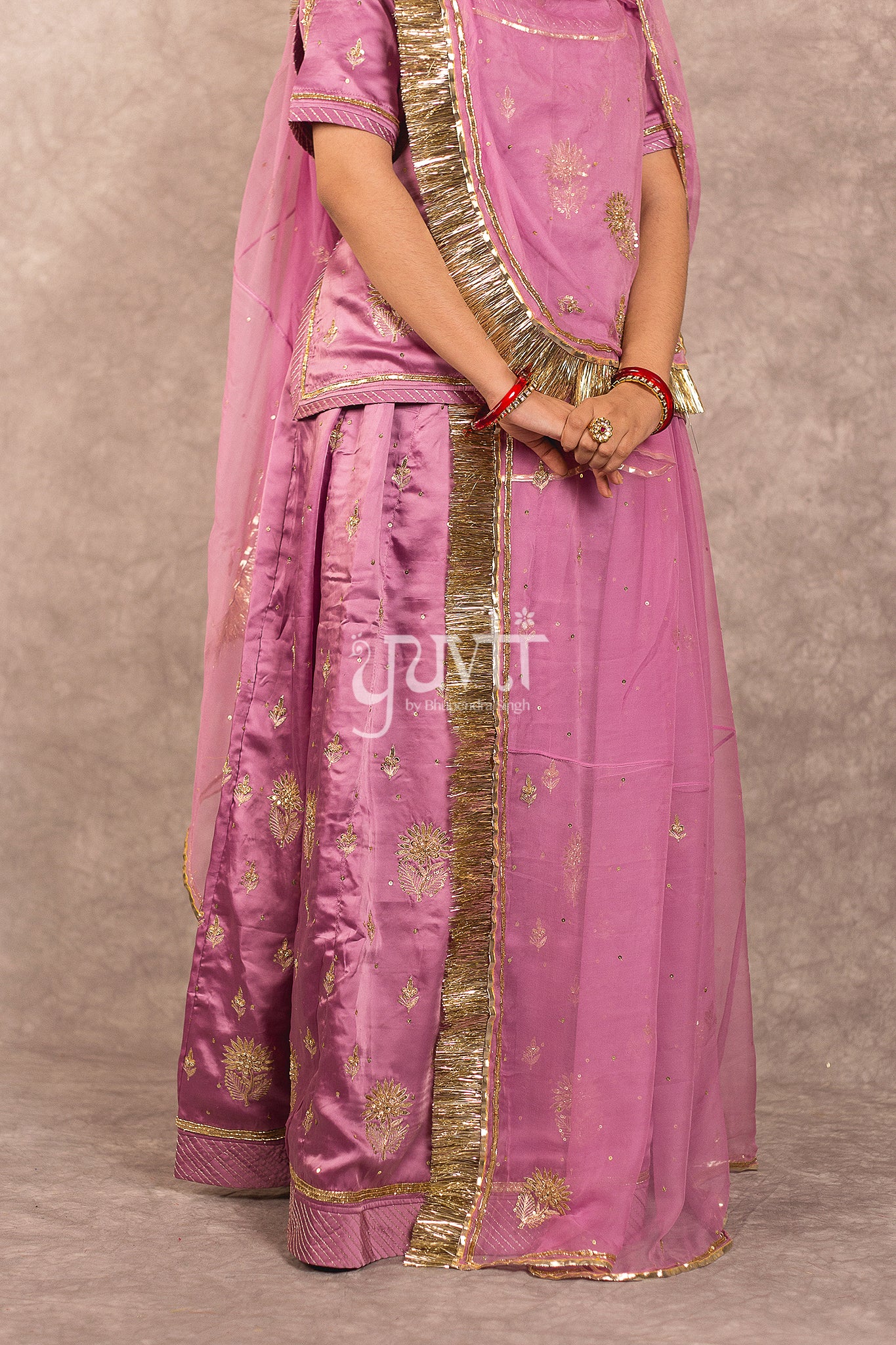 Mof Light Wine Bamber Satin Aari sequins Booti work Rajputi Poshak