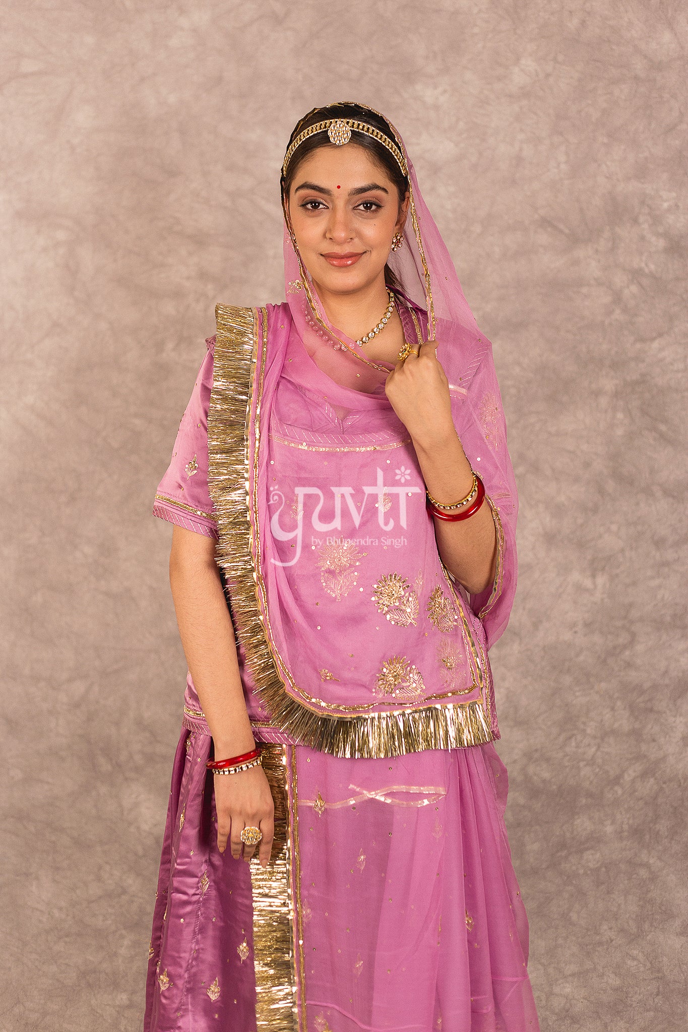 Mof Light Wine Bamber Satin Aari sequins Booti work Rajputi Poshak