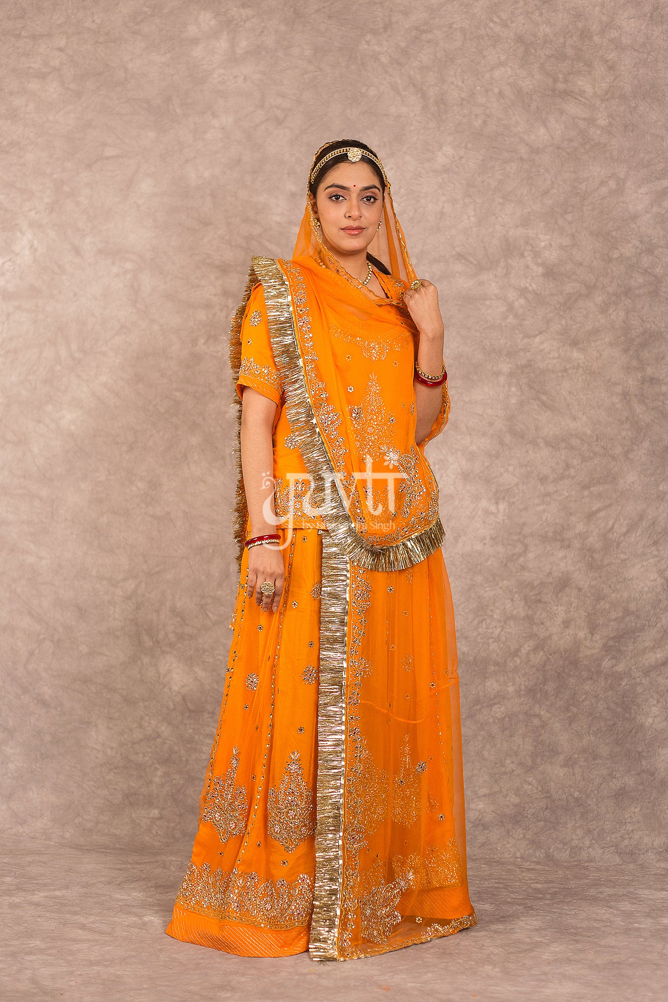 Orange Pure Georgette Kundan Dori Work Rajputi Poshak