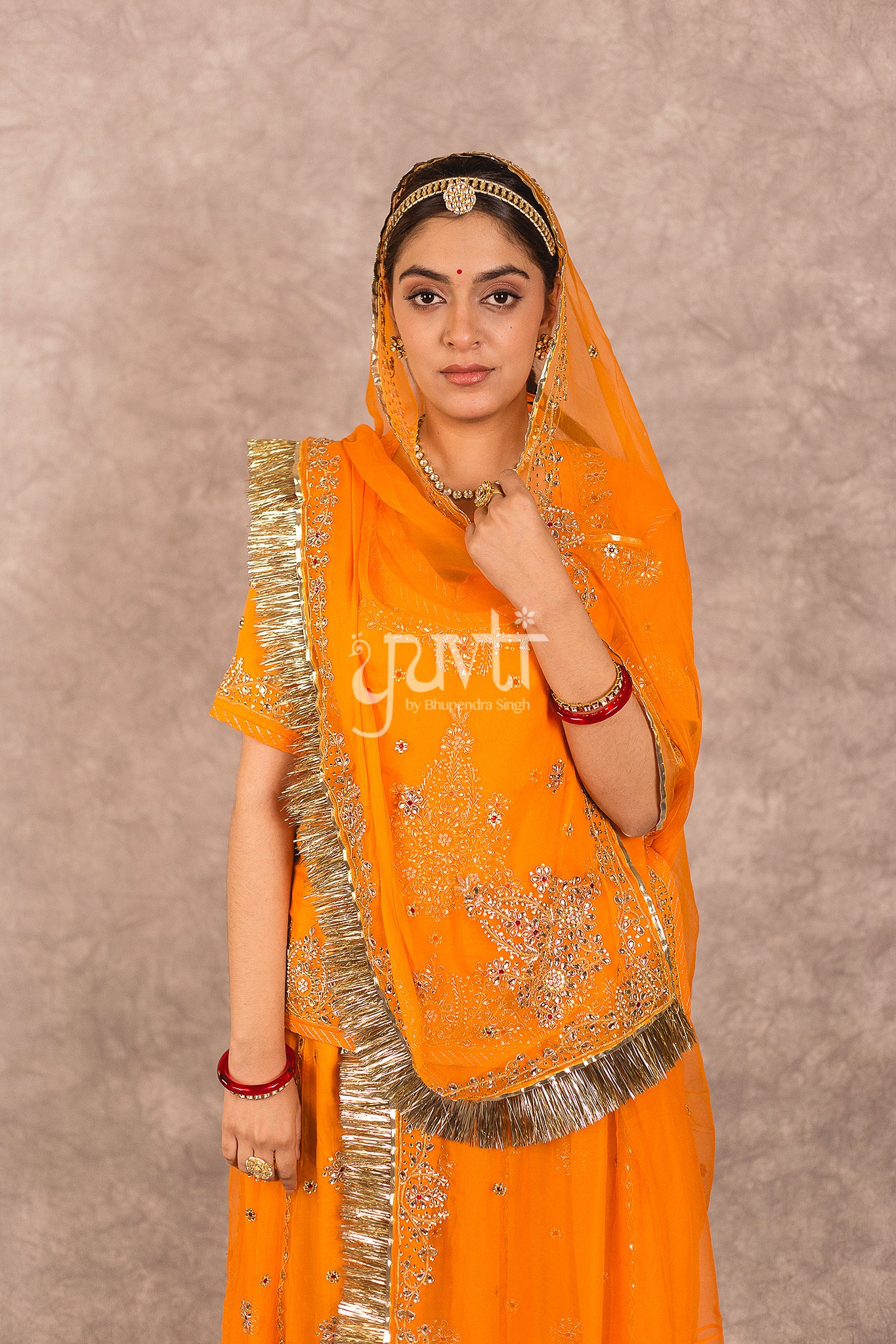 Orange Pure Georgette Kundan Dori Work Rajputi Poshak