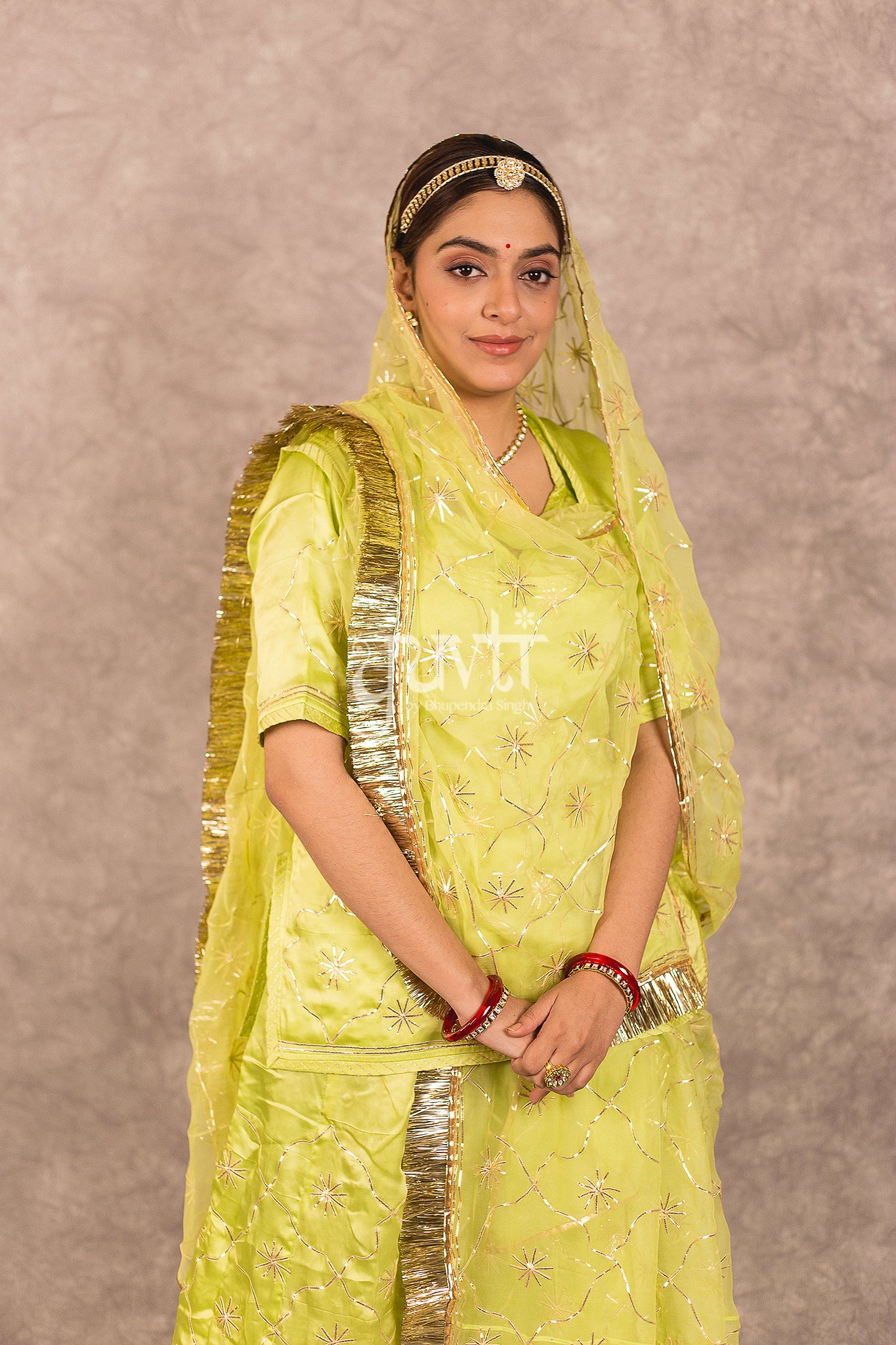 Pista Green Bamber Satin Sikhiya Jaal Work Rajputi Poshak