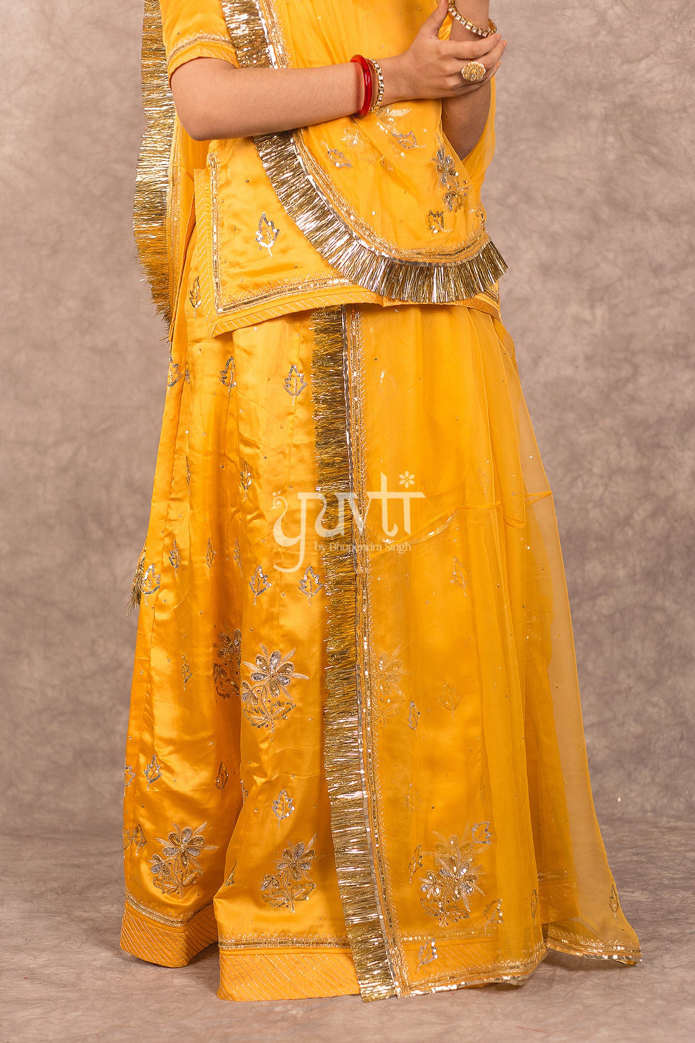 Yellow Bamber Satin Aari Sequins Boota work Rajputi Poshak
