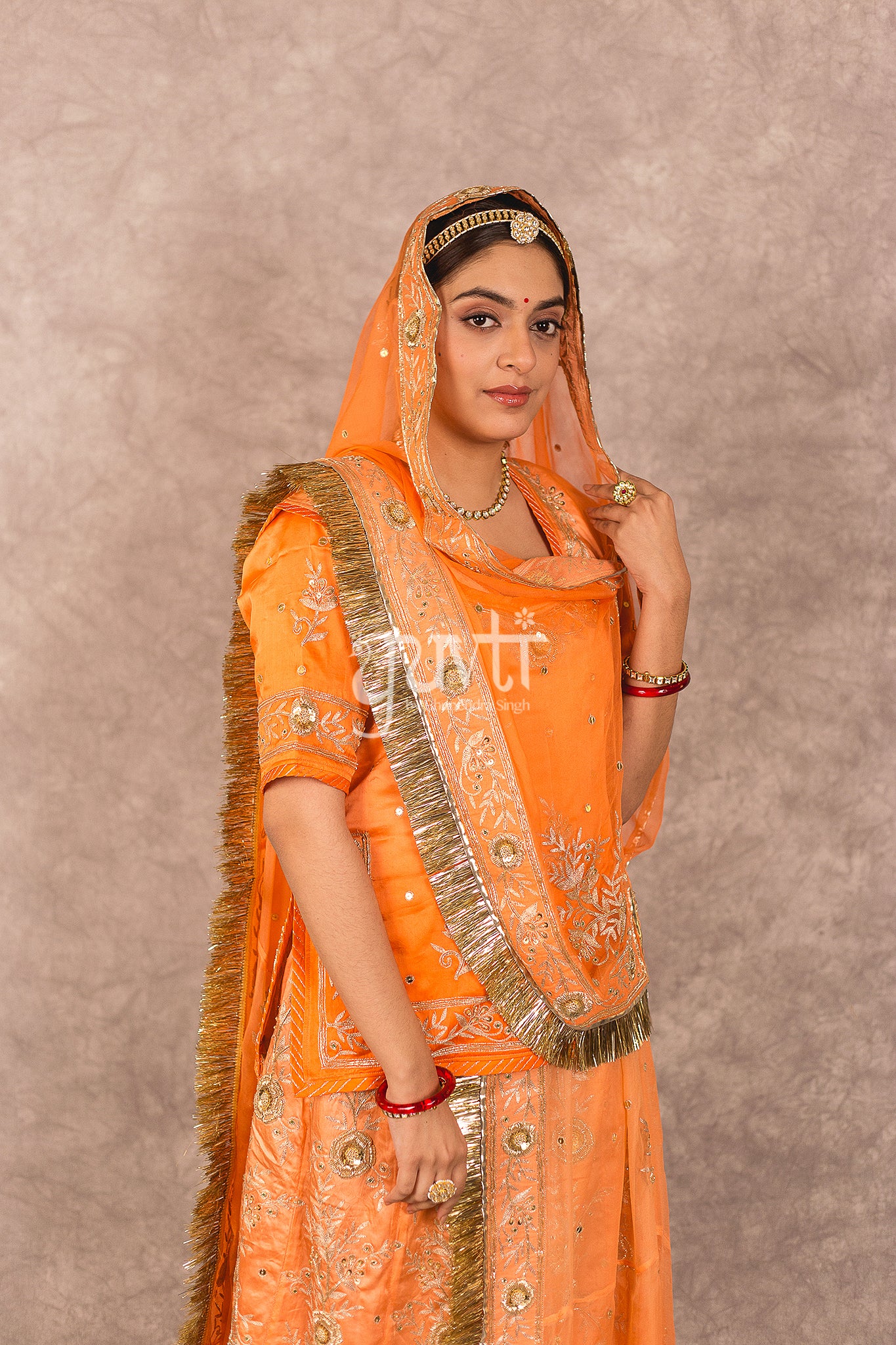 Orange Bamber Satin Aari Zardosi Workk Rajputi Poshak