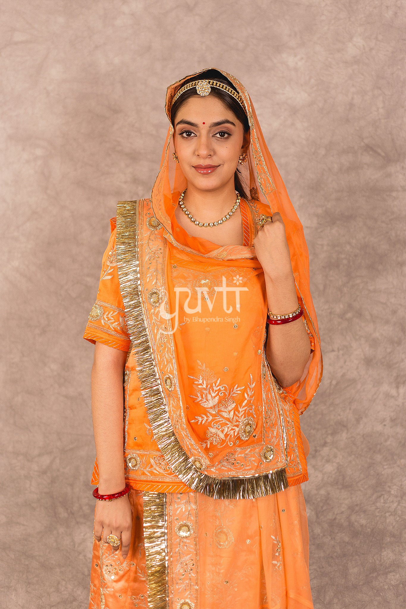 Orange Bamber Satin Aari Zardosi Workk Rajputi Poshak