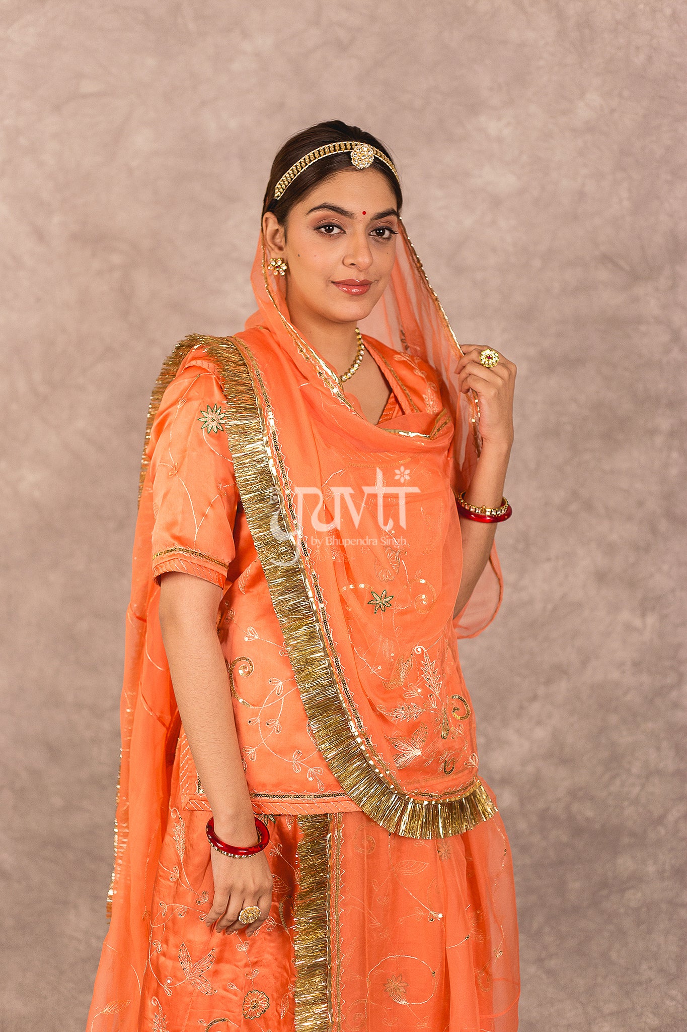 Orange Bamber Satin Aari Sequins Work Rajputi Poshak
