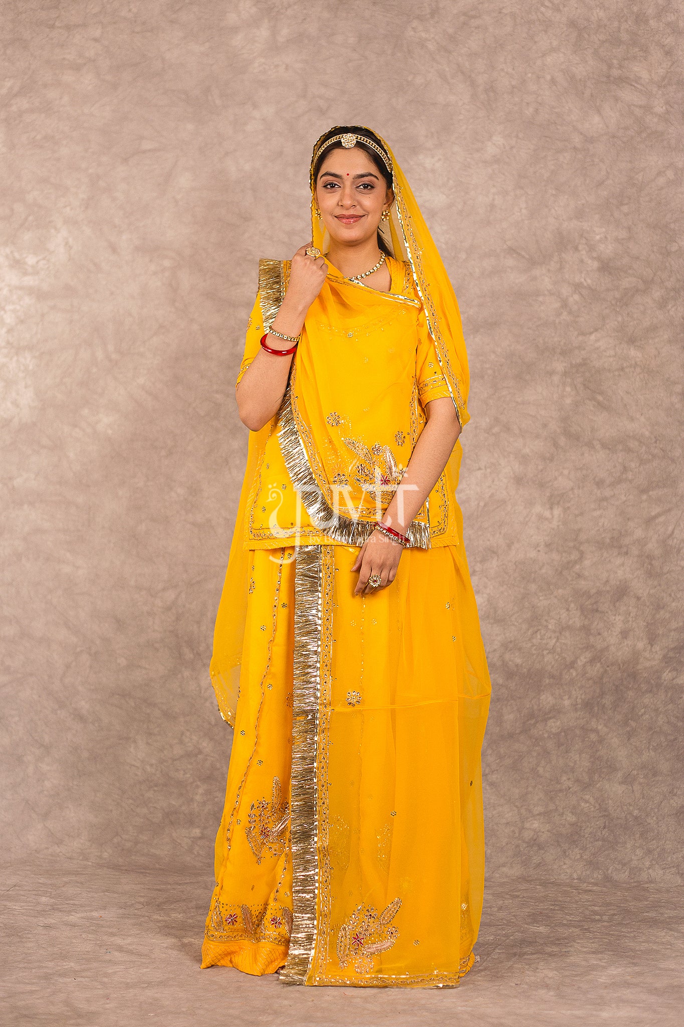 Yellow Semi Georgette Zardosi Resham Kundan Work Rajputi Poshak