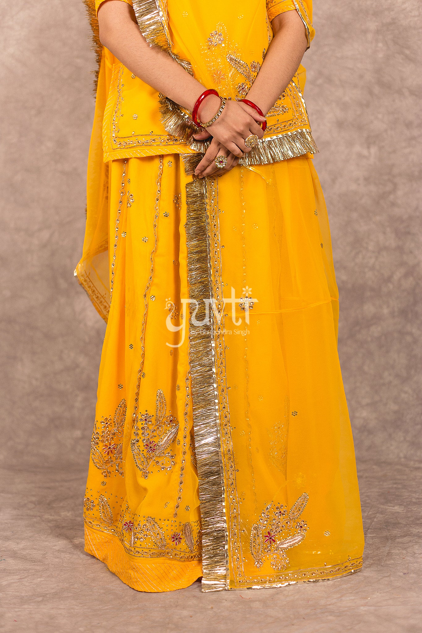 Yellow Semi Georgette Zardosi Resham Kundan Work Rajputi Poshak