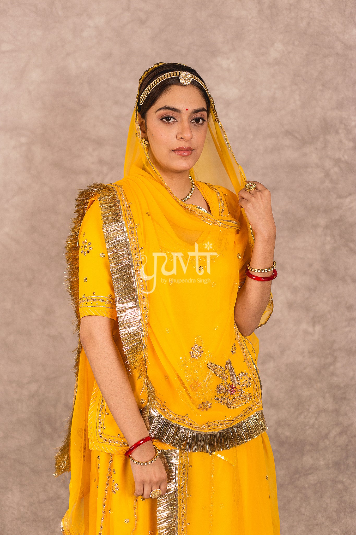 Yellow Semi Georgette Zardosi Resham Kundan Work Rajputi Poshak