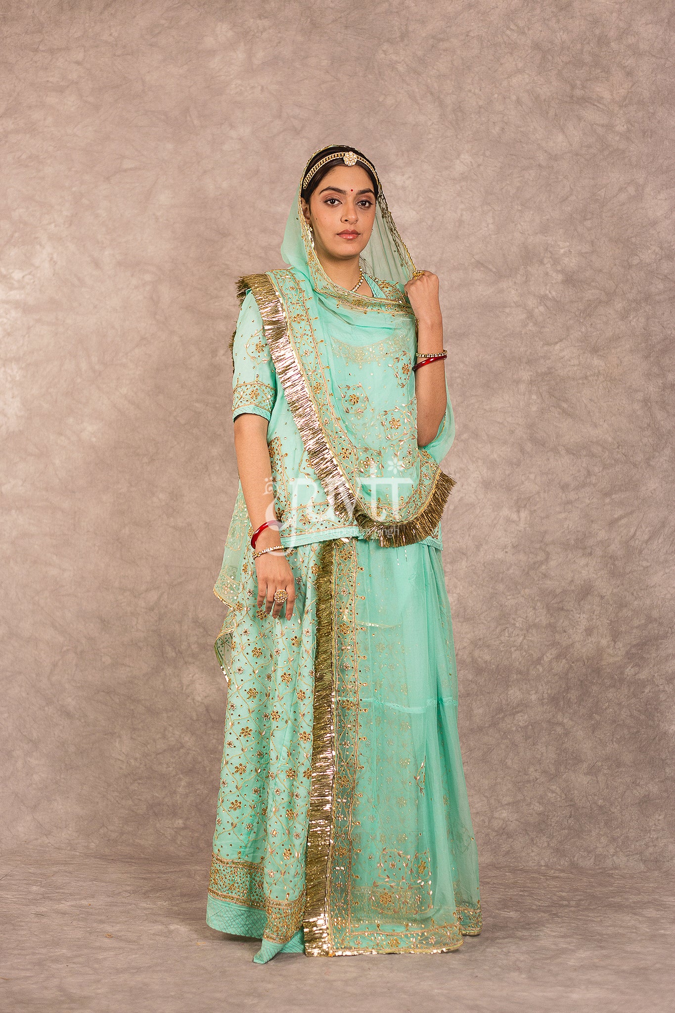 Sea Green Pure Georgette Kundan Dori Jaal Zardosi Highlight Rajputi Poshak
