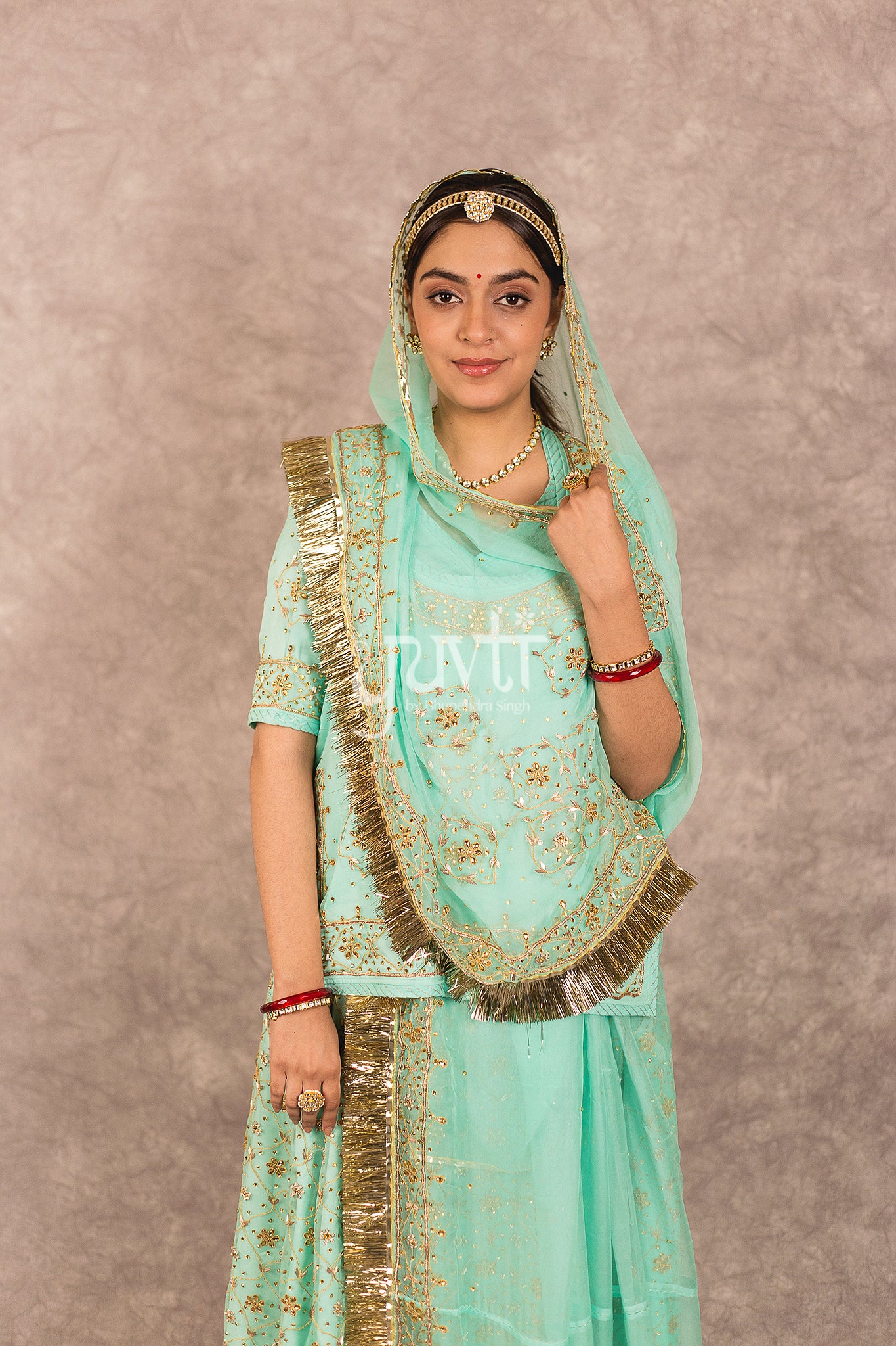 Sea Green Pure Georgette Kundan Dori Jaal Zardosi Highlight Rajputi Poshak