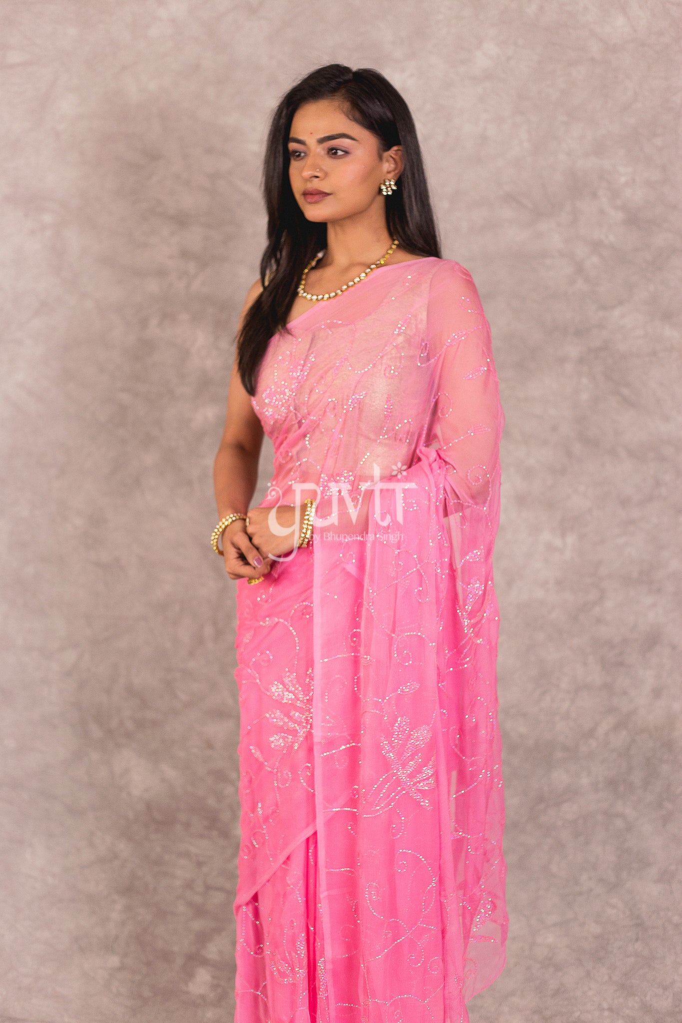 Pink Viscose Chiffon Resham Sequins Work Saree