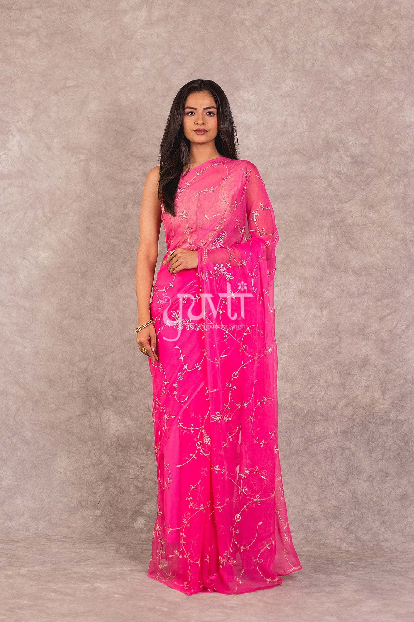 Pink Viscose Chiffon Aari Jaal Work Saree
