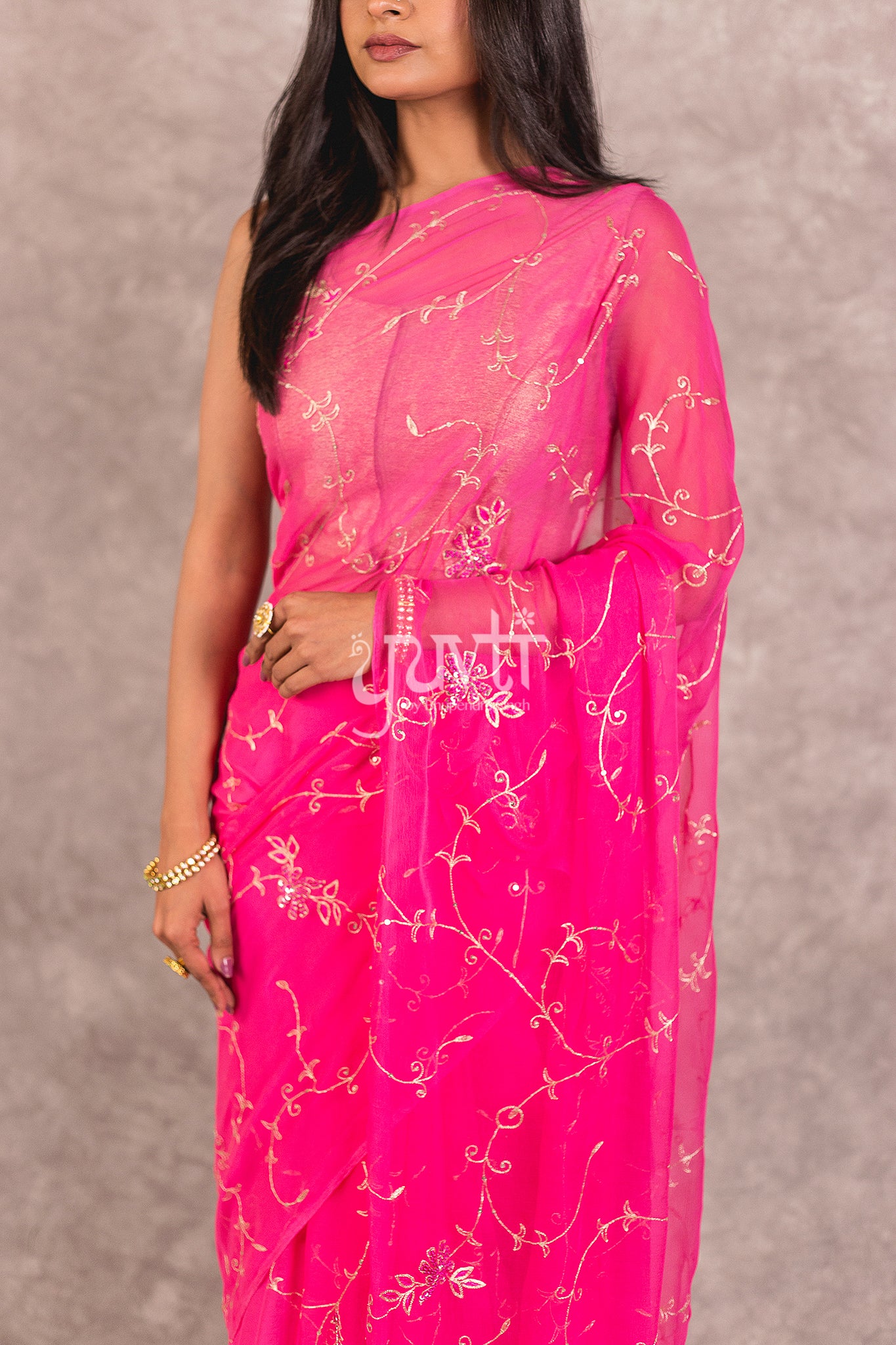 Pink Viscose Chiffon Aari Jaal Work Saree