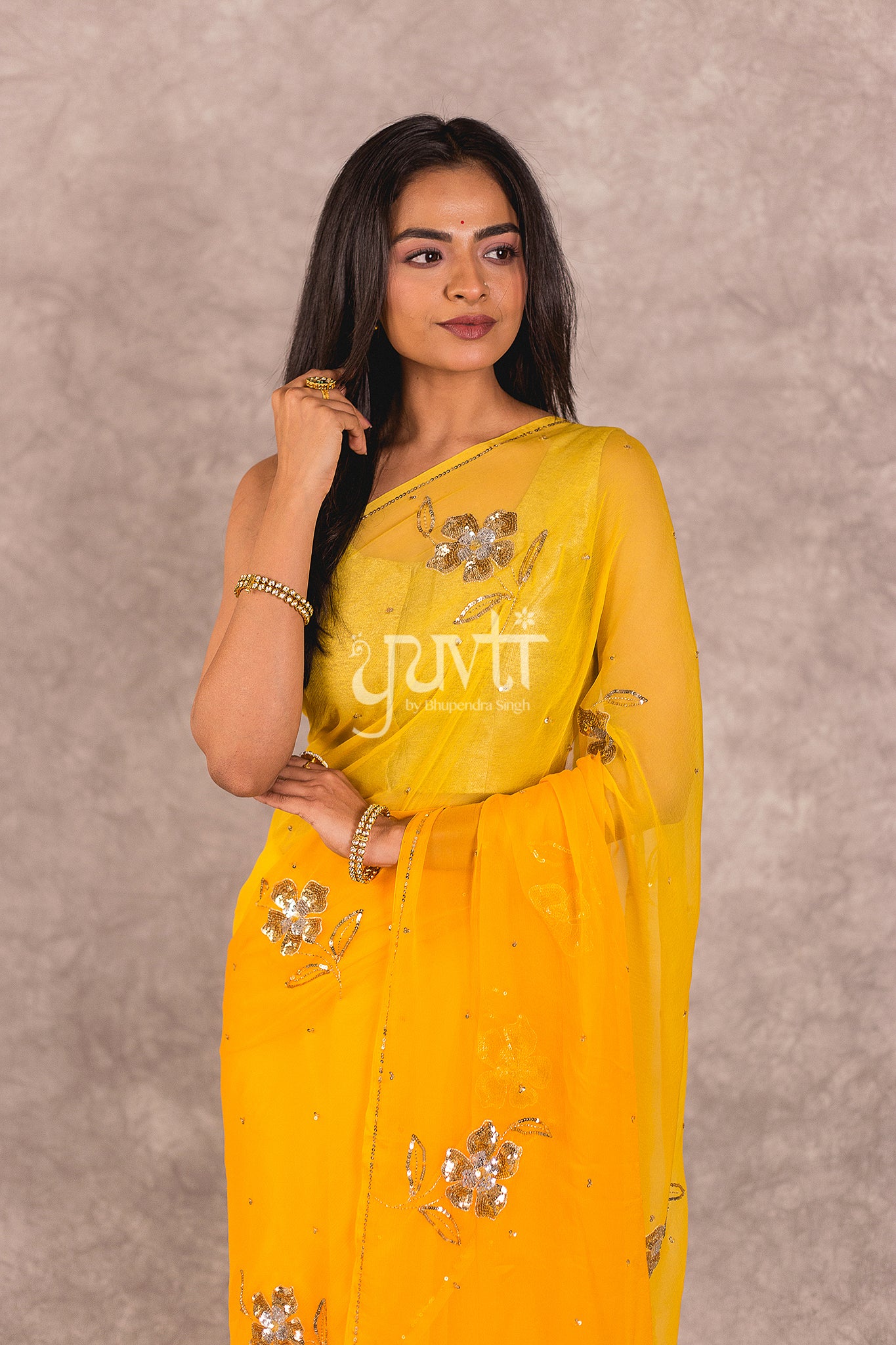 Yellow Viscose Chiffon Aari Sequins Work Saree