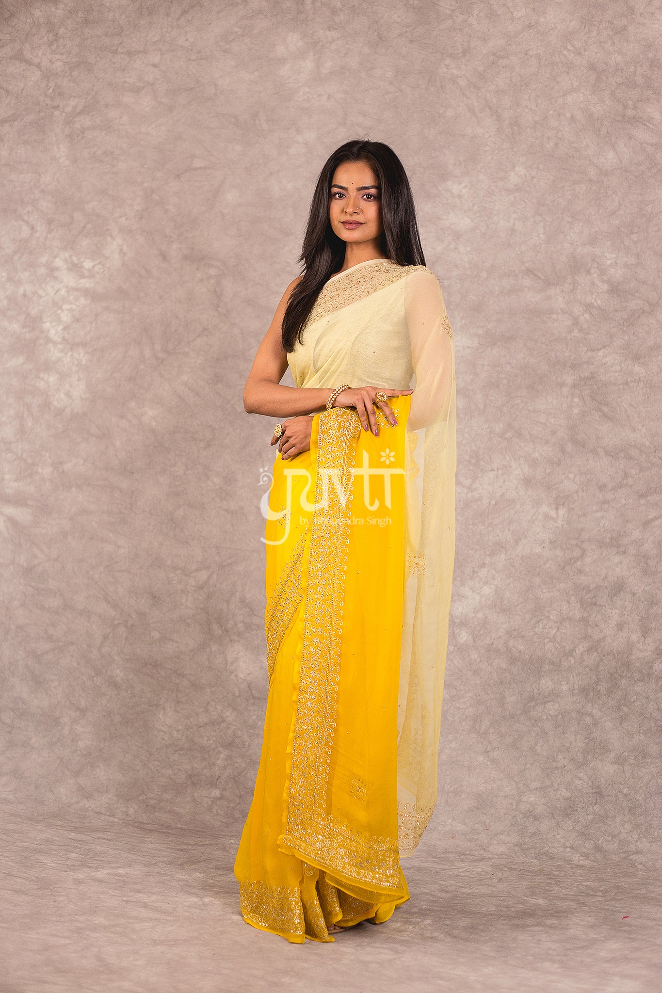 Yellow Viscose Chiffon Aari Katori Work Saree
